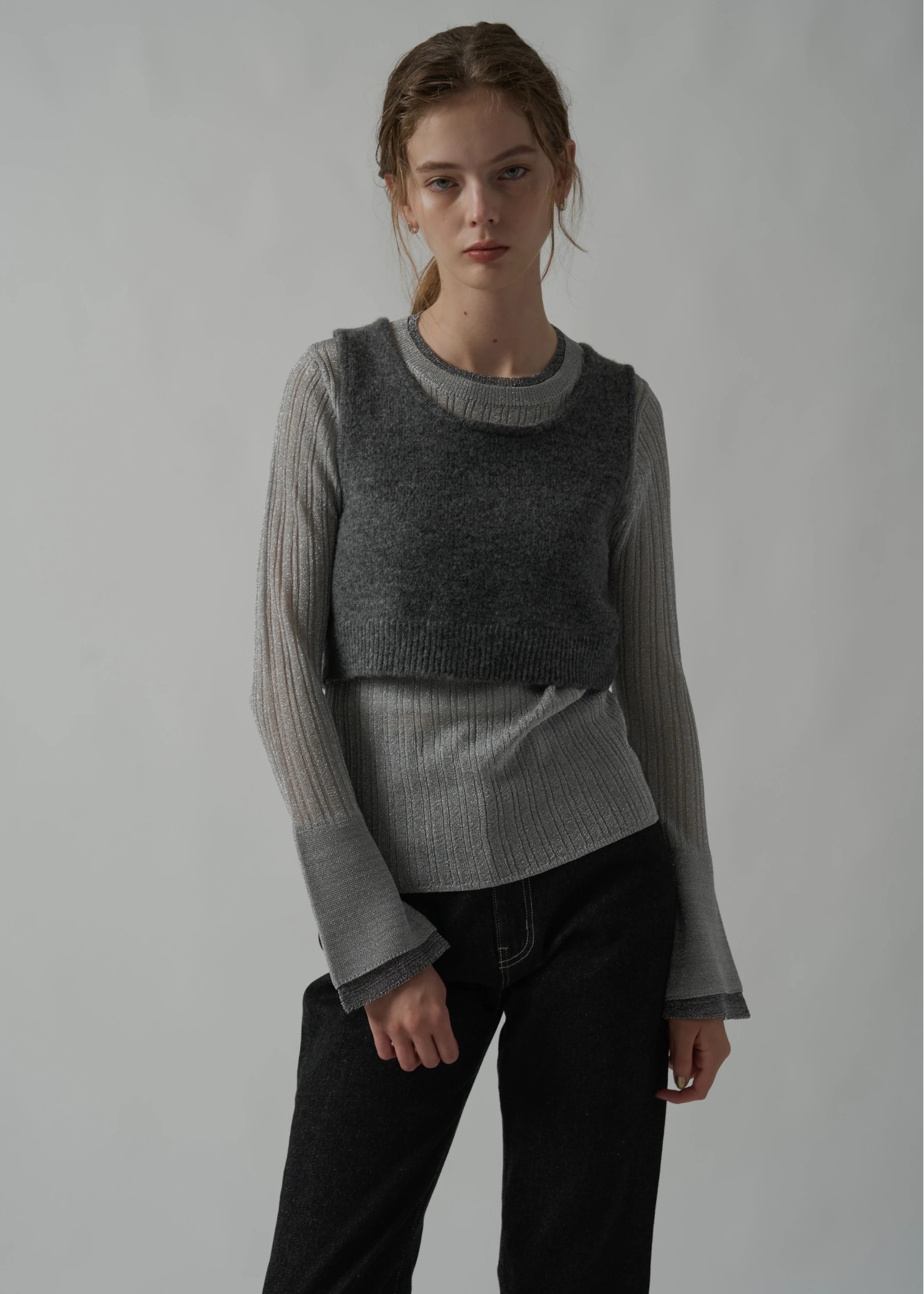 double flare sleeve lame rib knit