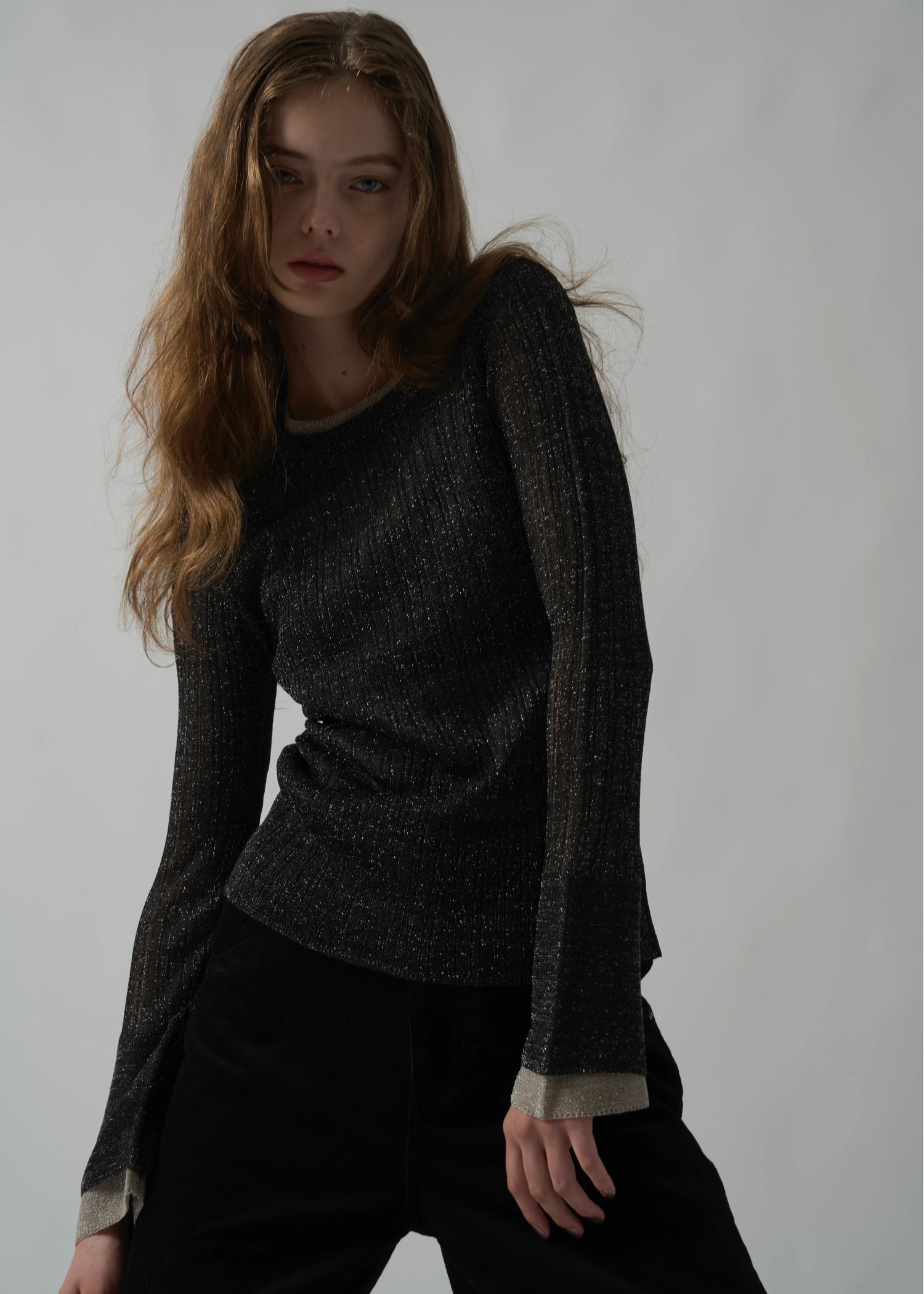 double flare sleeve lame rib knit