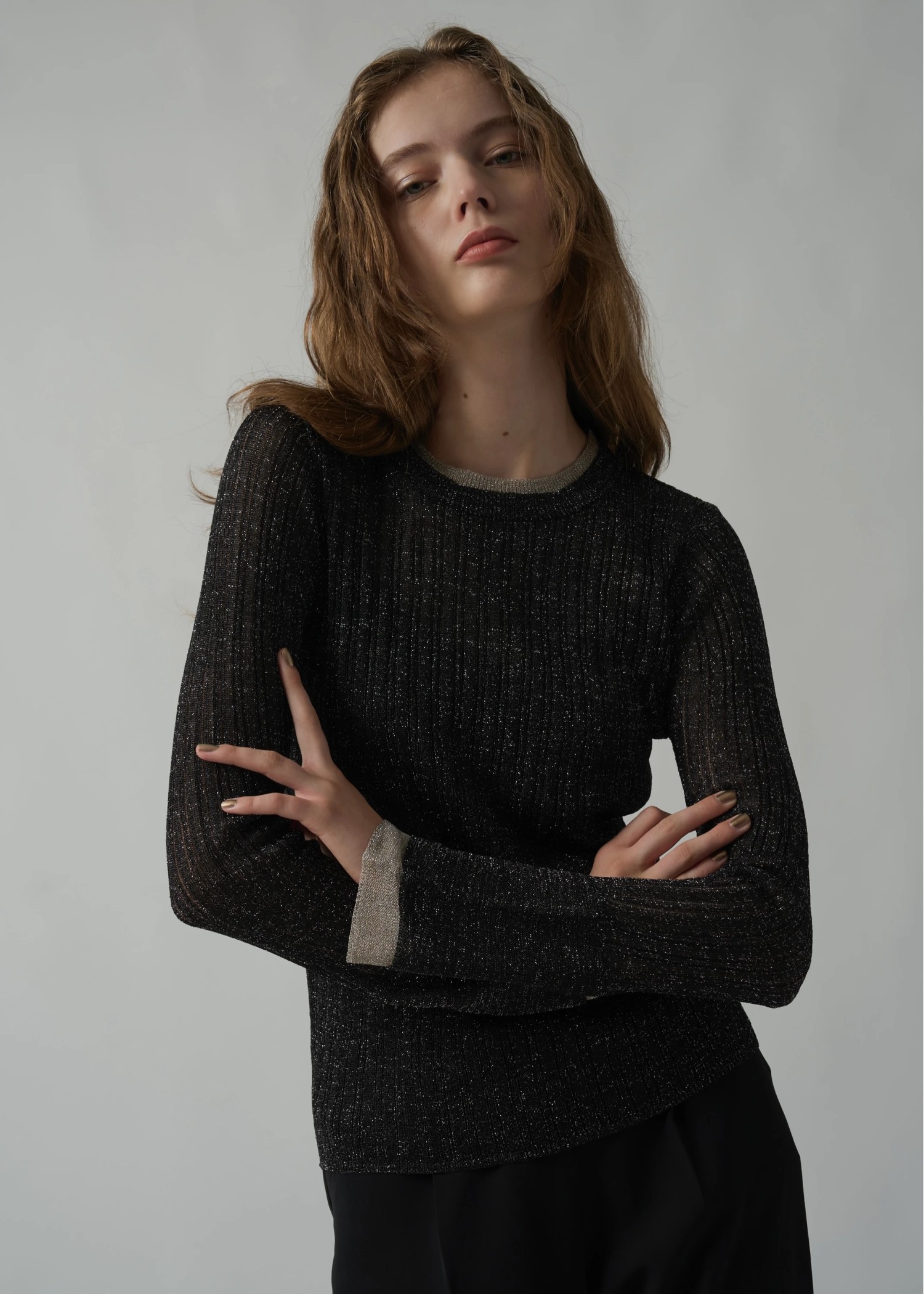 double flare sleeve lame rib knit