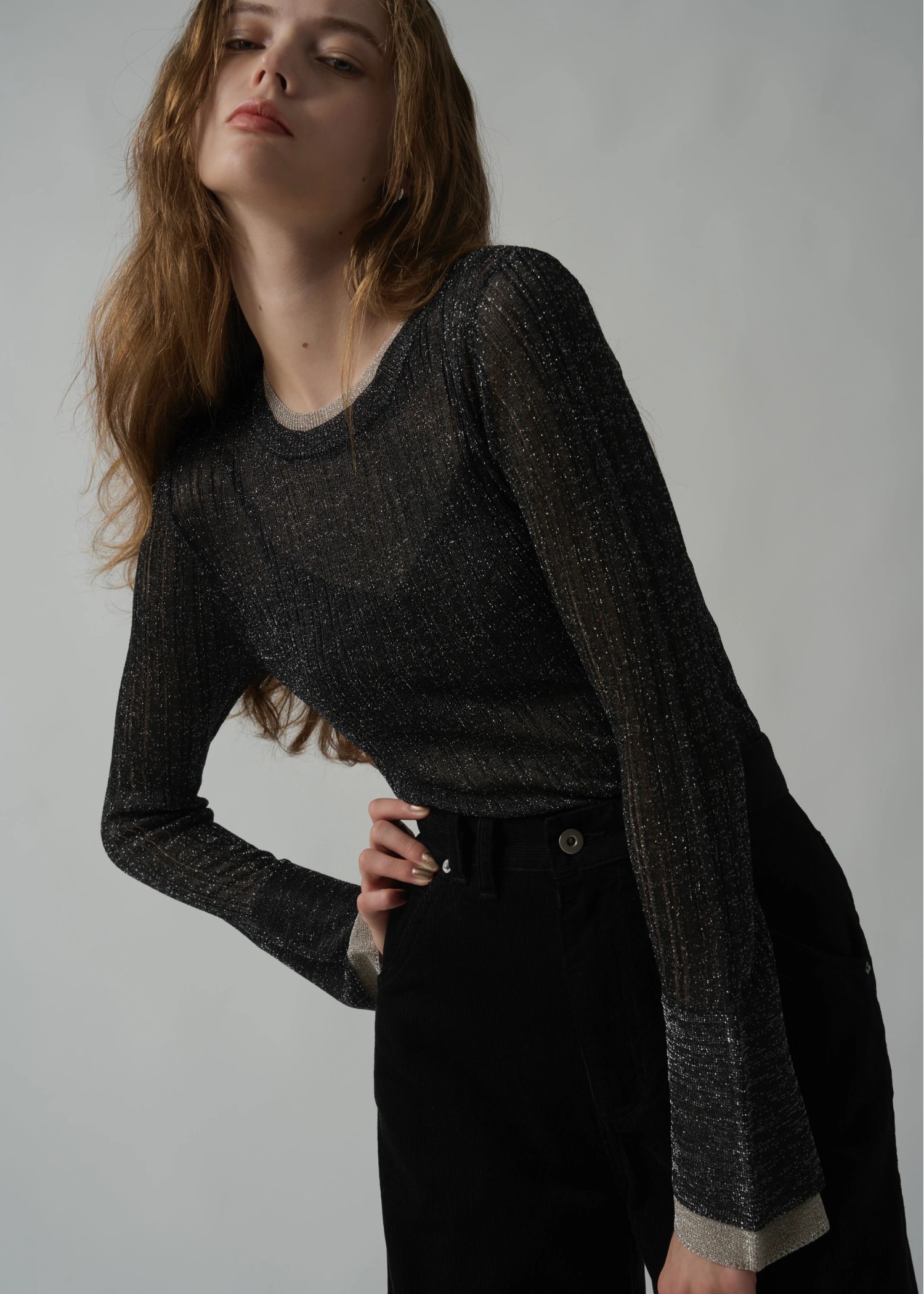 double flare sleeve lame rib knit