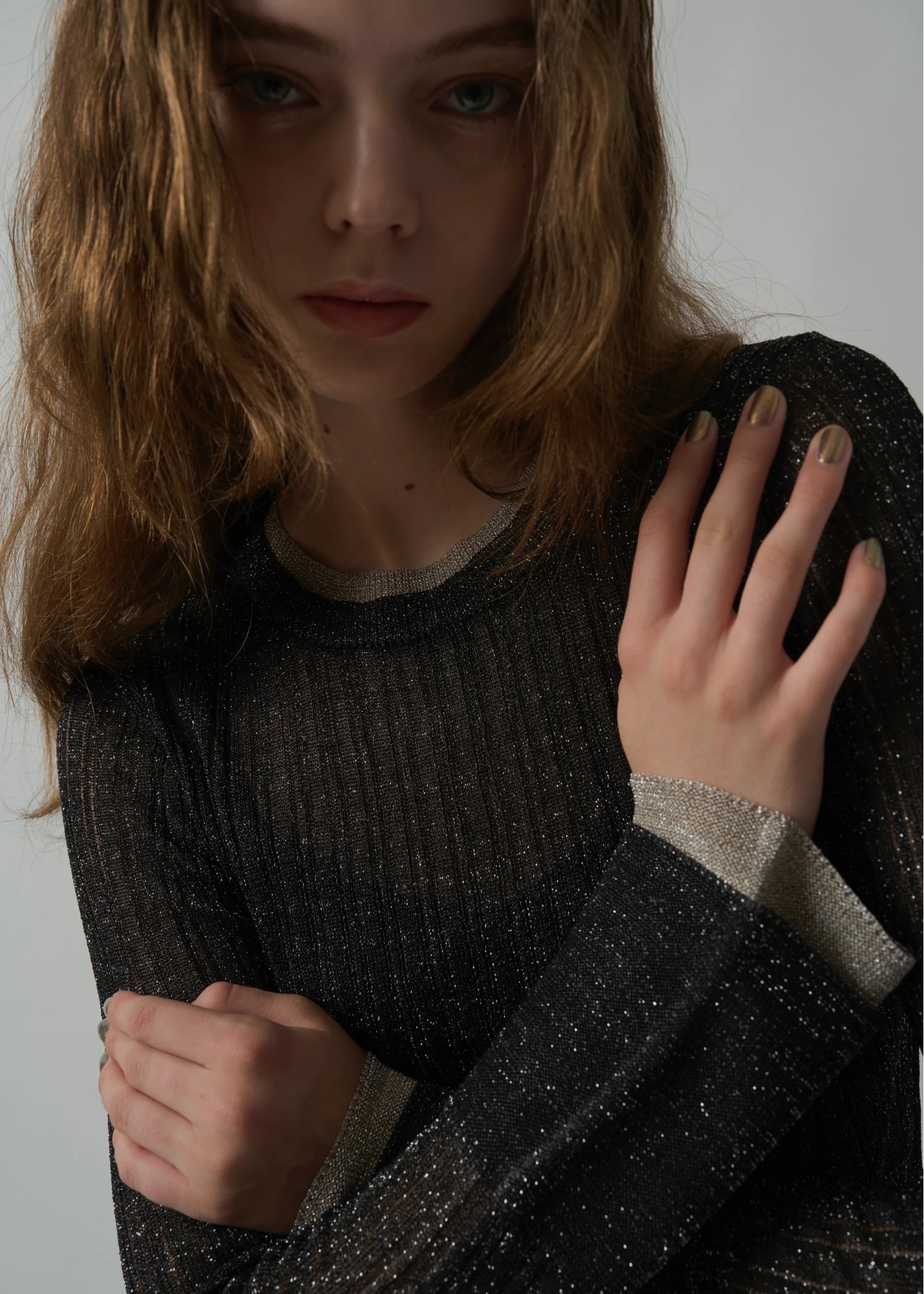 double flare sleeve lame rib knit