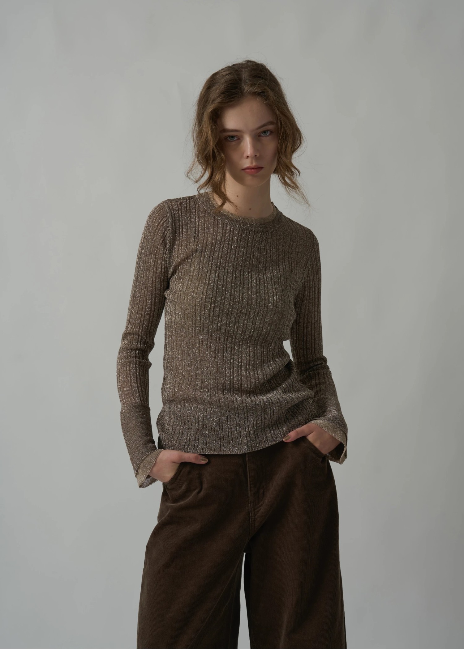 double flare sleeve lame rib knit