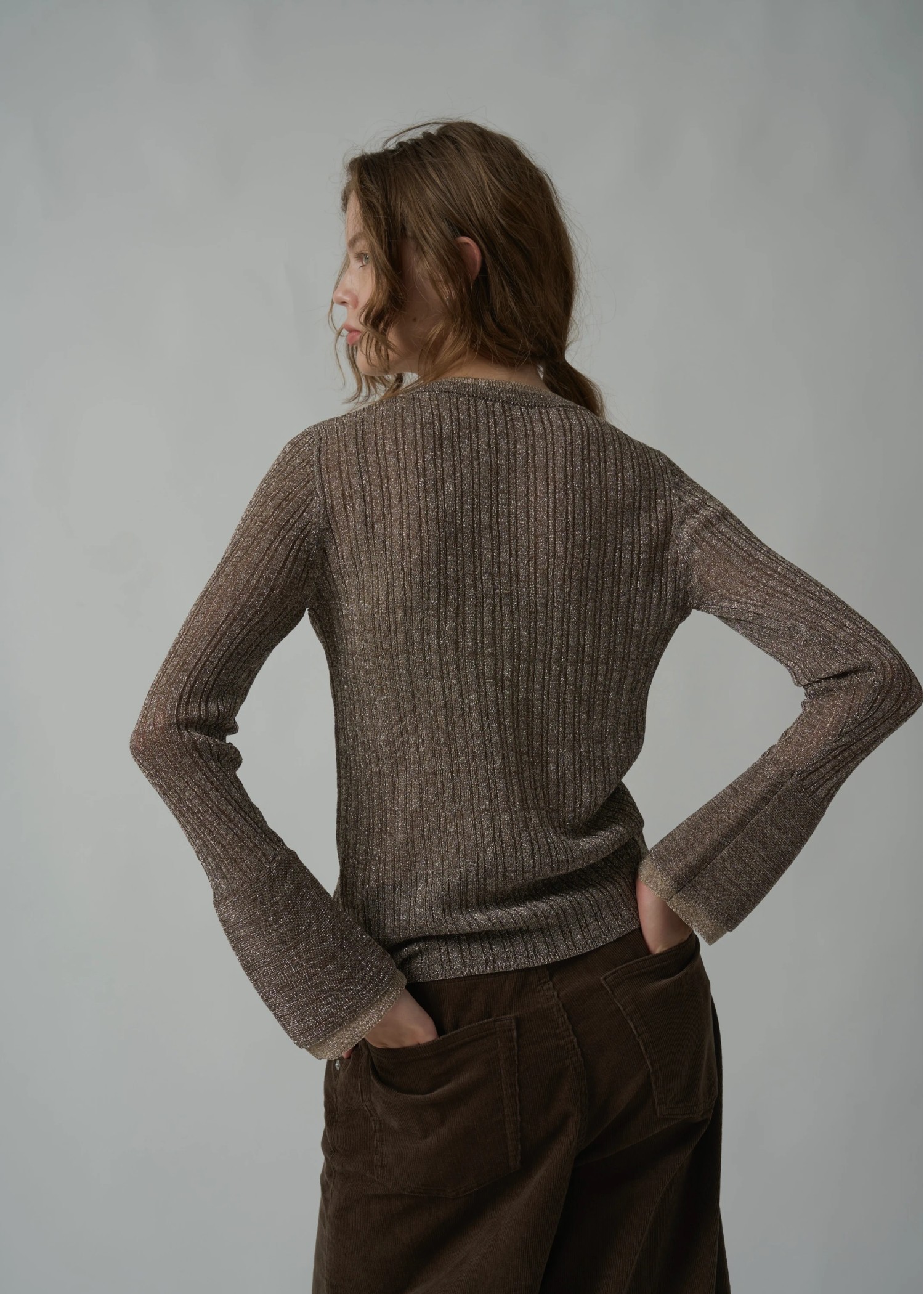 double flare sleeve lame rib knit