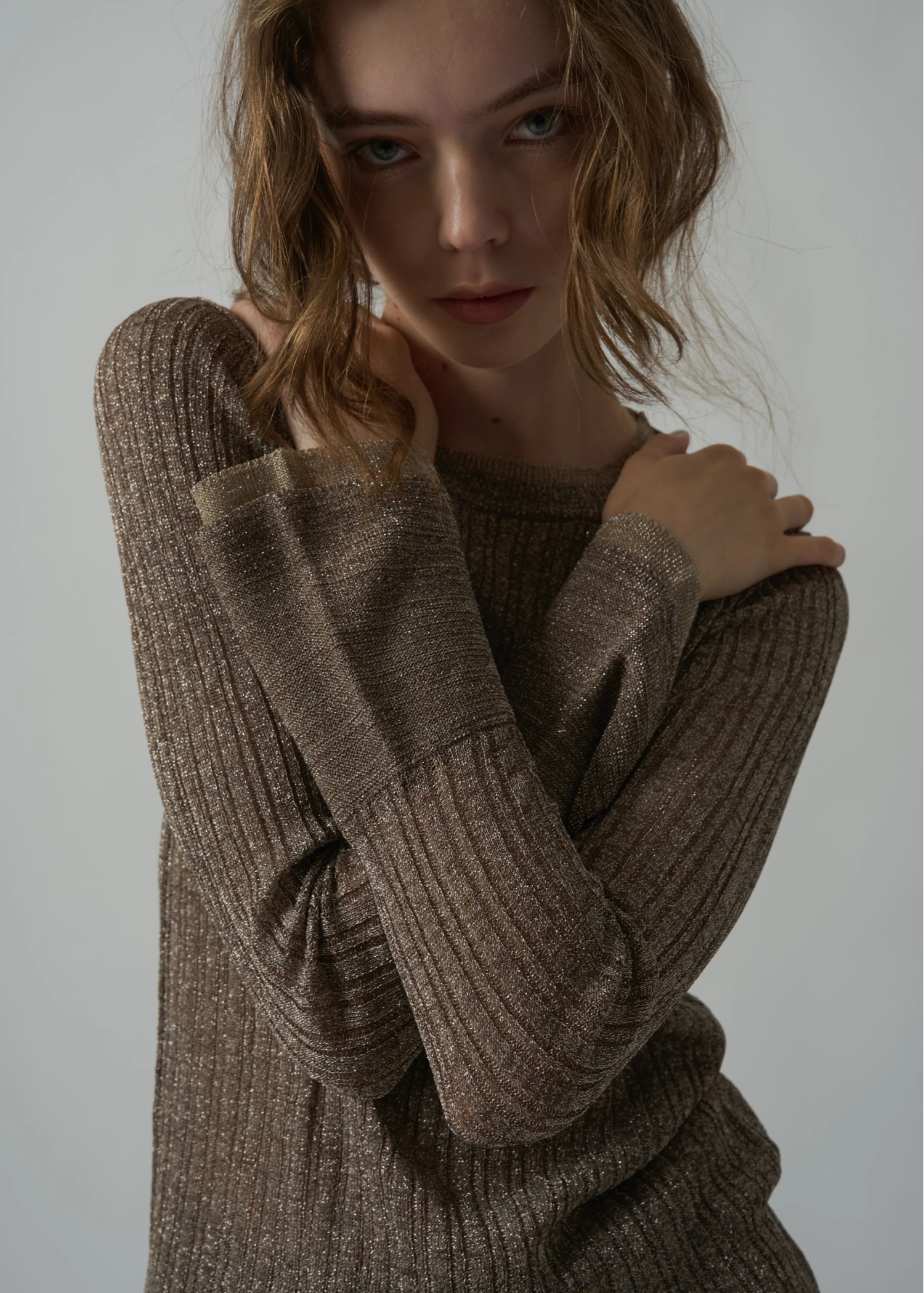 double flare sleeve lame rib knit