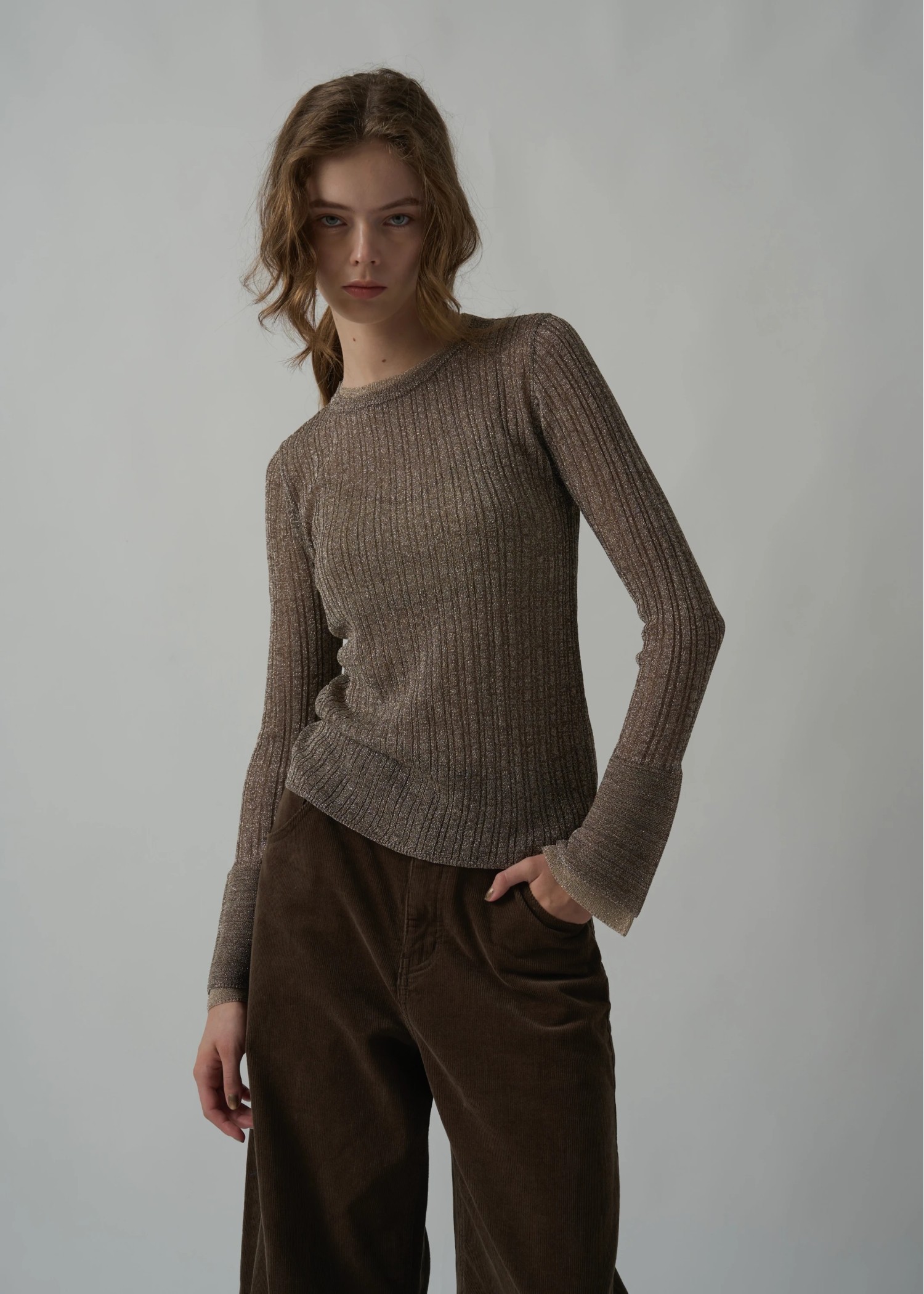 double flare sleeve lame rib knit