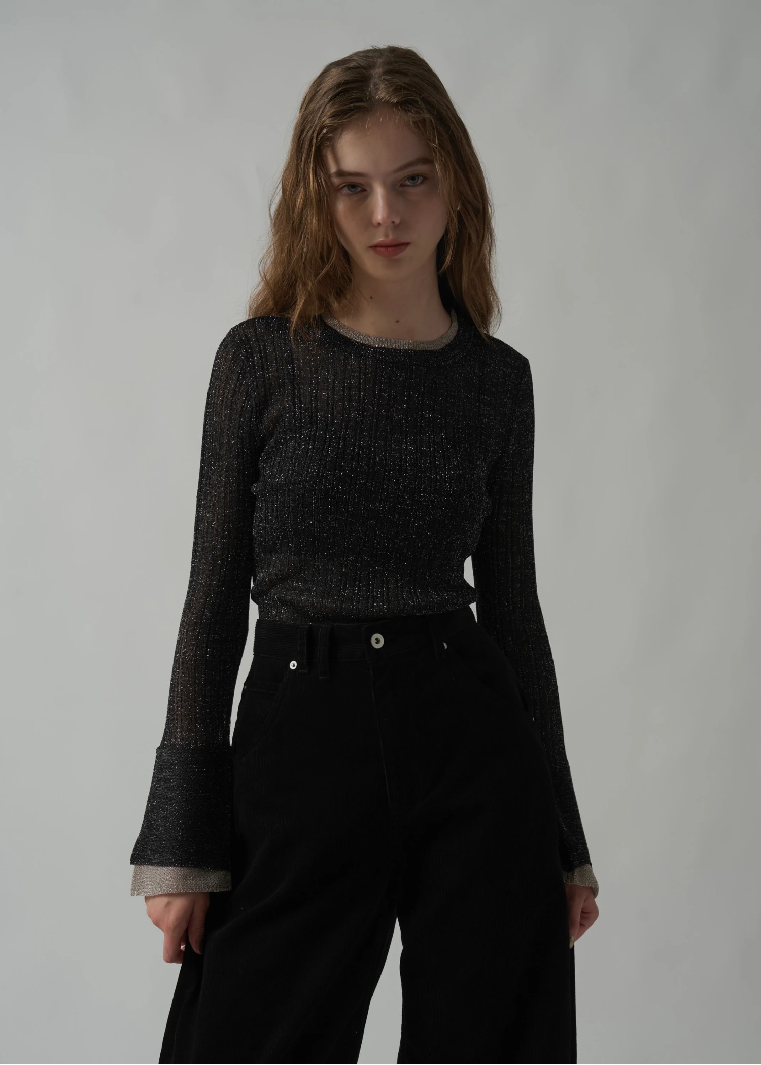 double flare sleeve lame rib knit