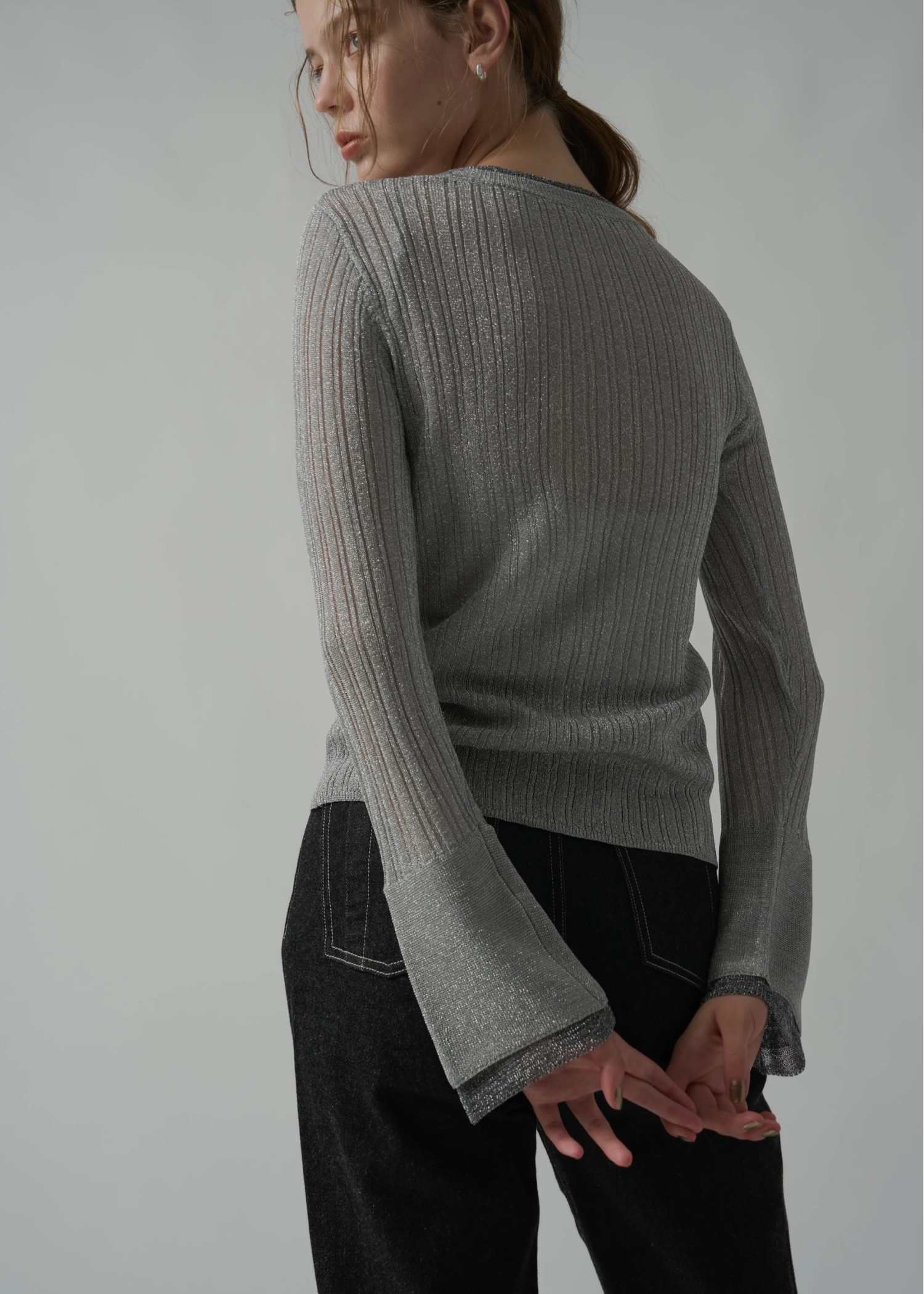 double flare sleeve lame rib knit