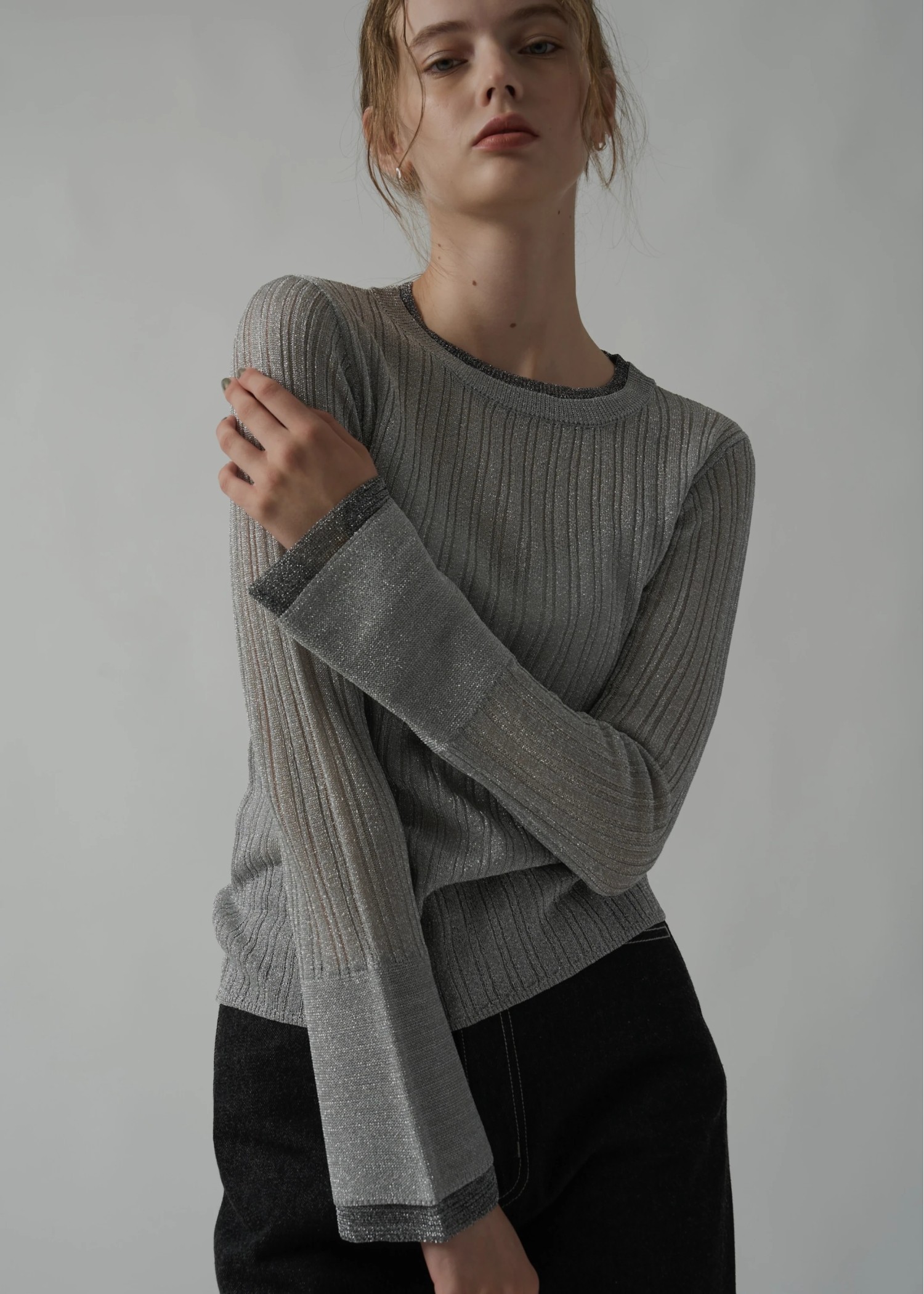 double flare sleeve lame rib knit