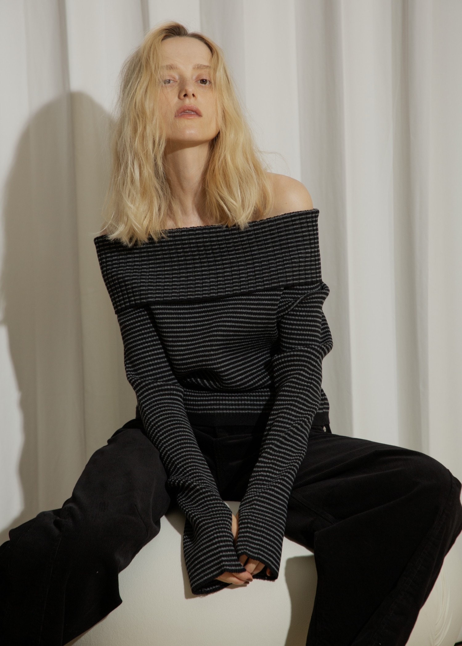 rib turnup off shoulder color schem knit