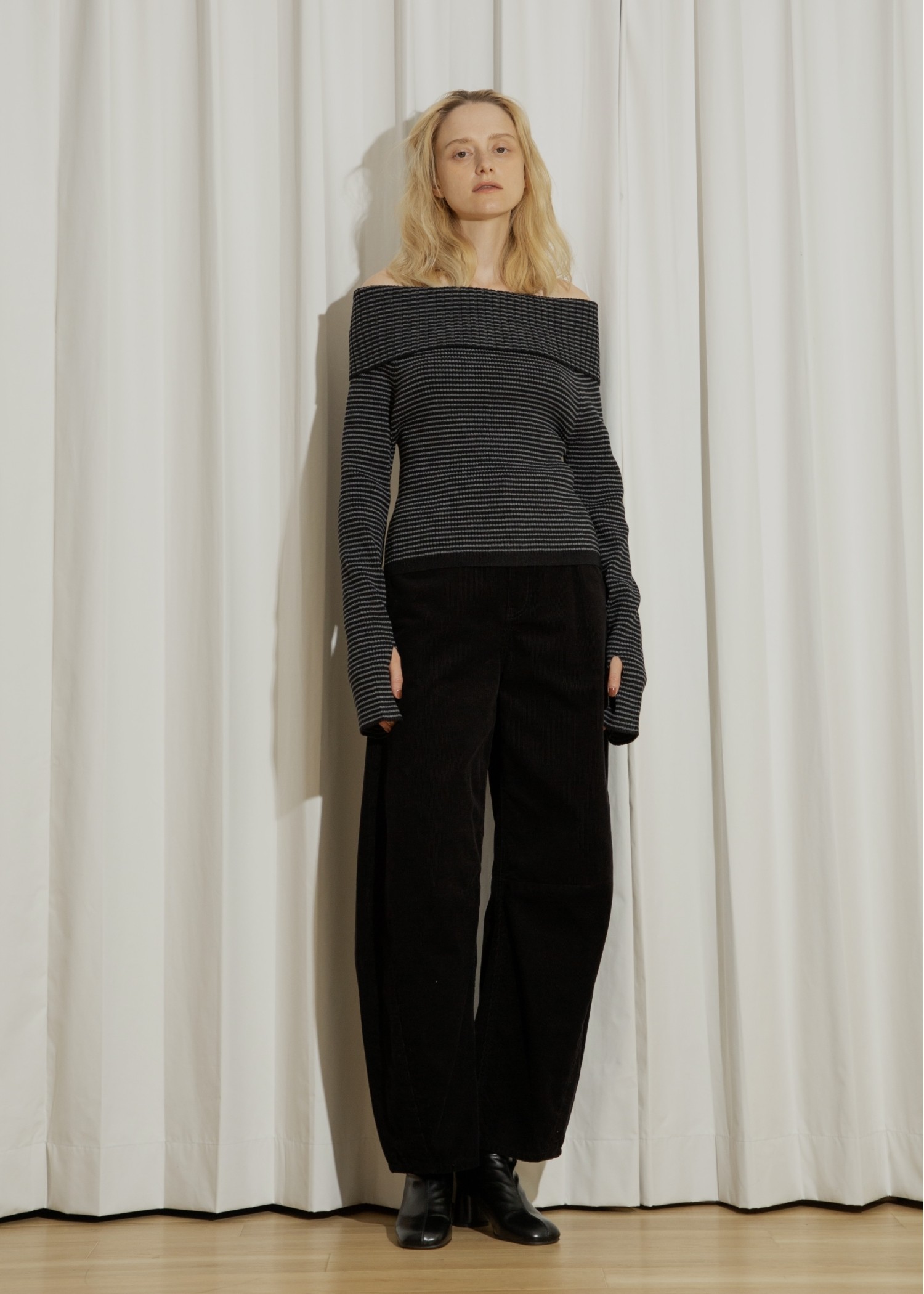 rib turnup off shoulder color schem knit