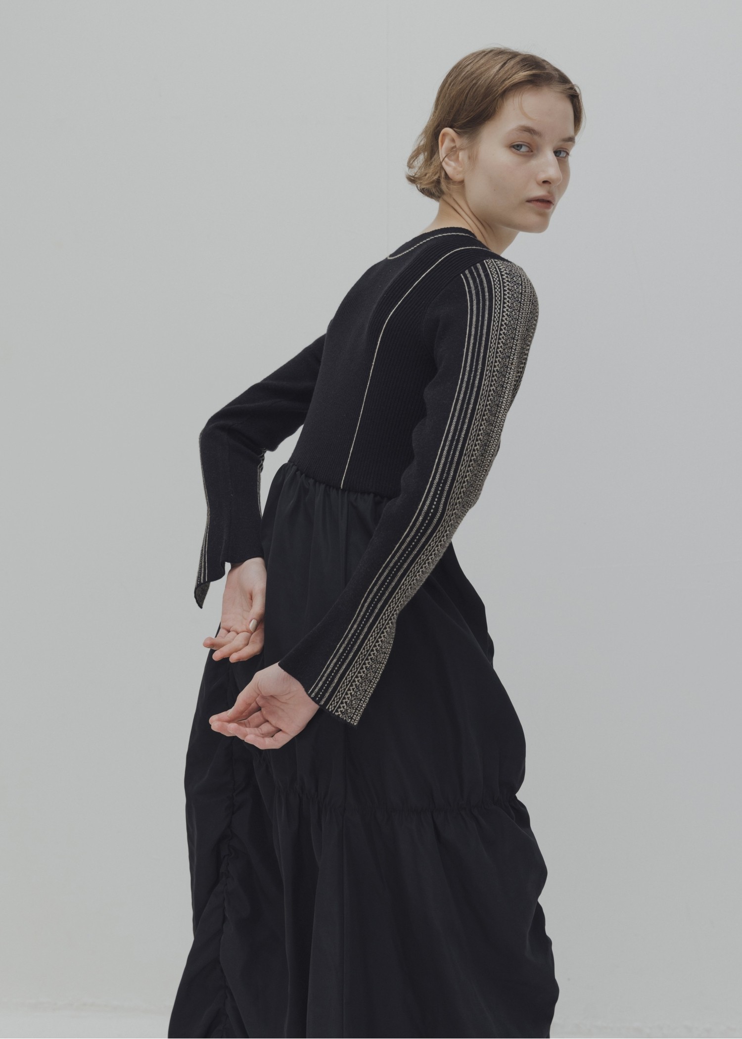 knit docking jacquard sleeve gather SK/OP