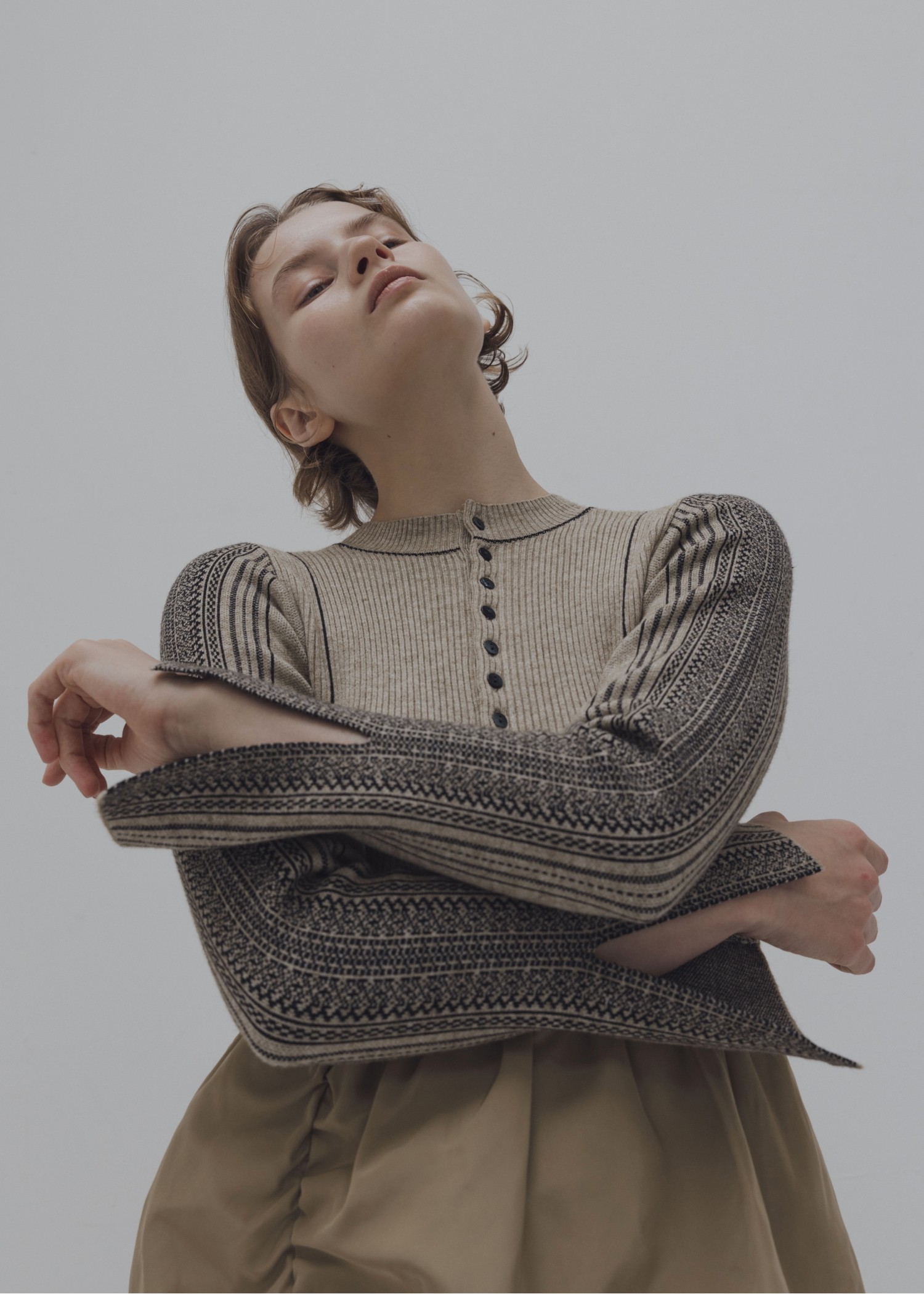 knit docking jacquard sleeve gather SK/OP