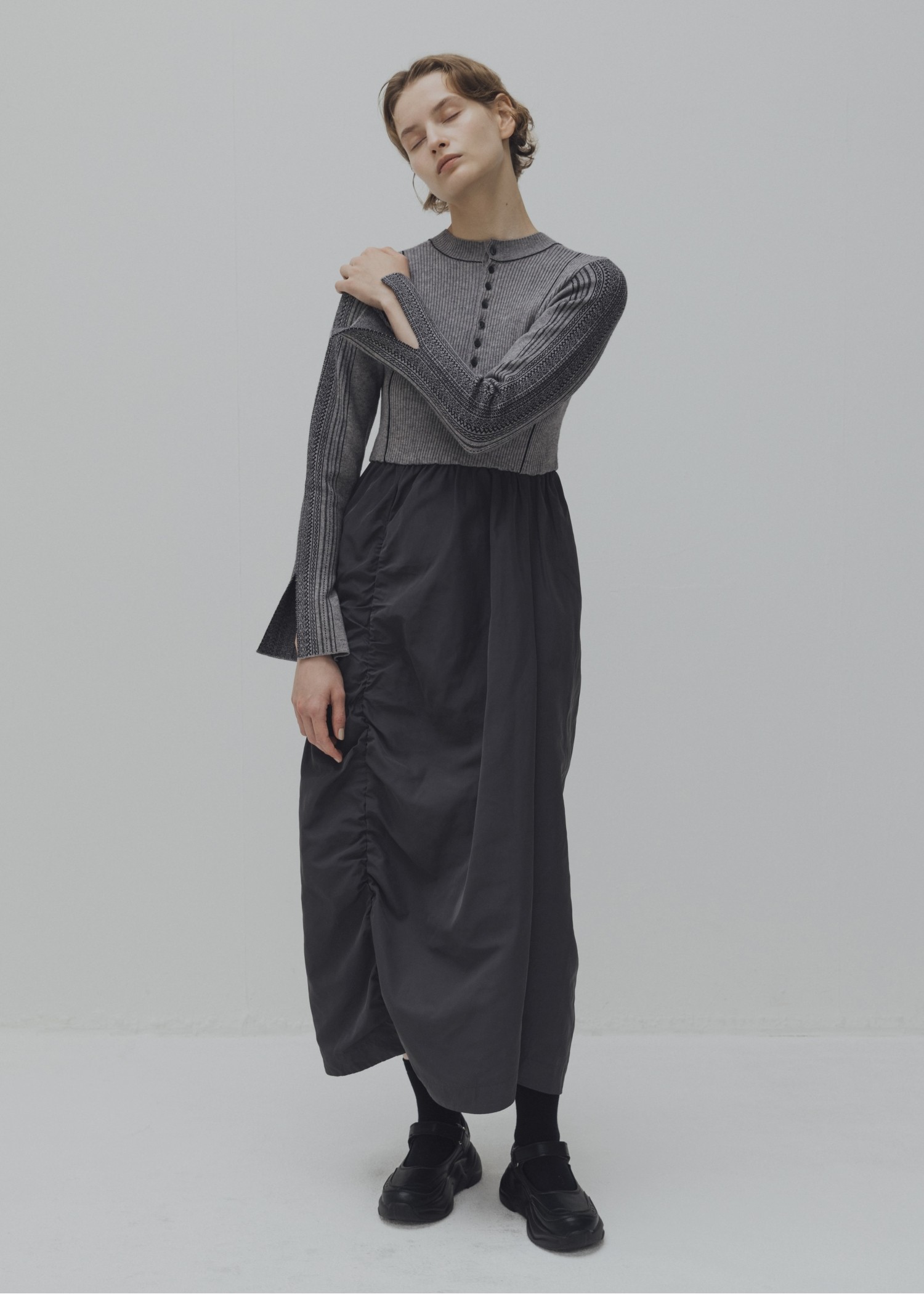 knit docking jacquard sleeve gather SK/OP