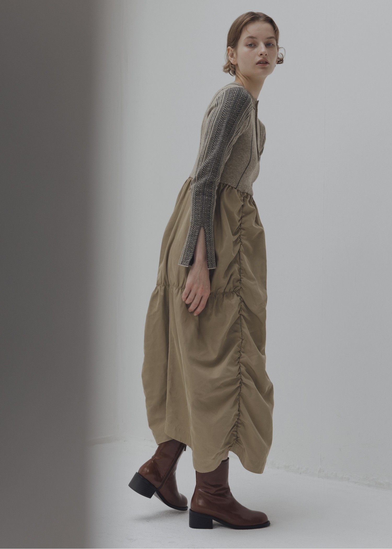 knit docking jacquard sleeve gather SK/OP