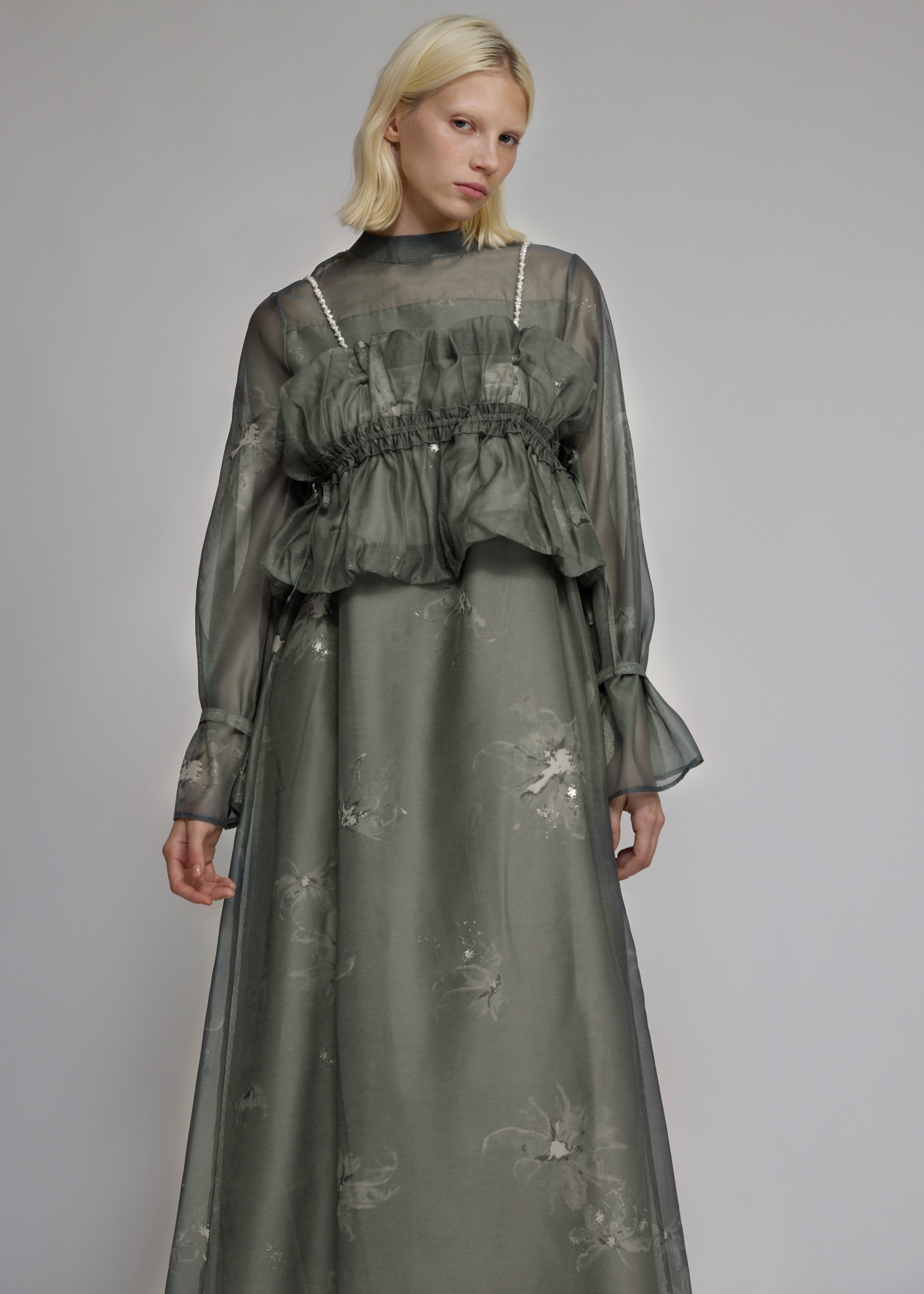 pearl shoulder camisole set original big flower print OP