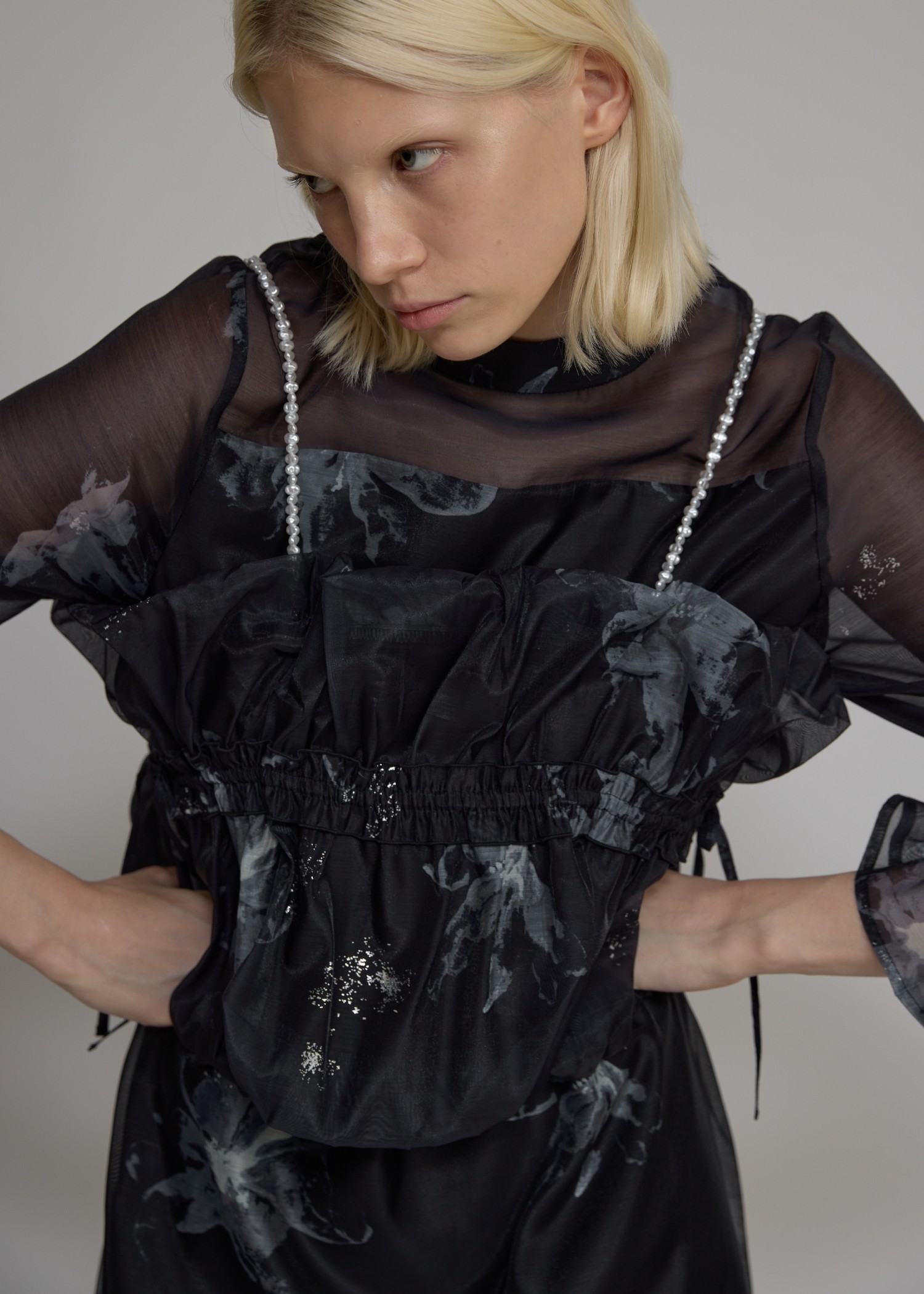 pearl shoulder camisole set original big flower print OP