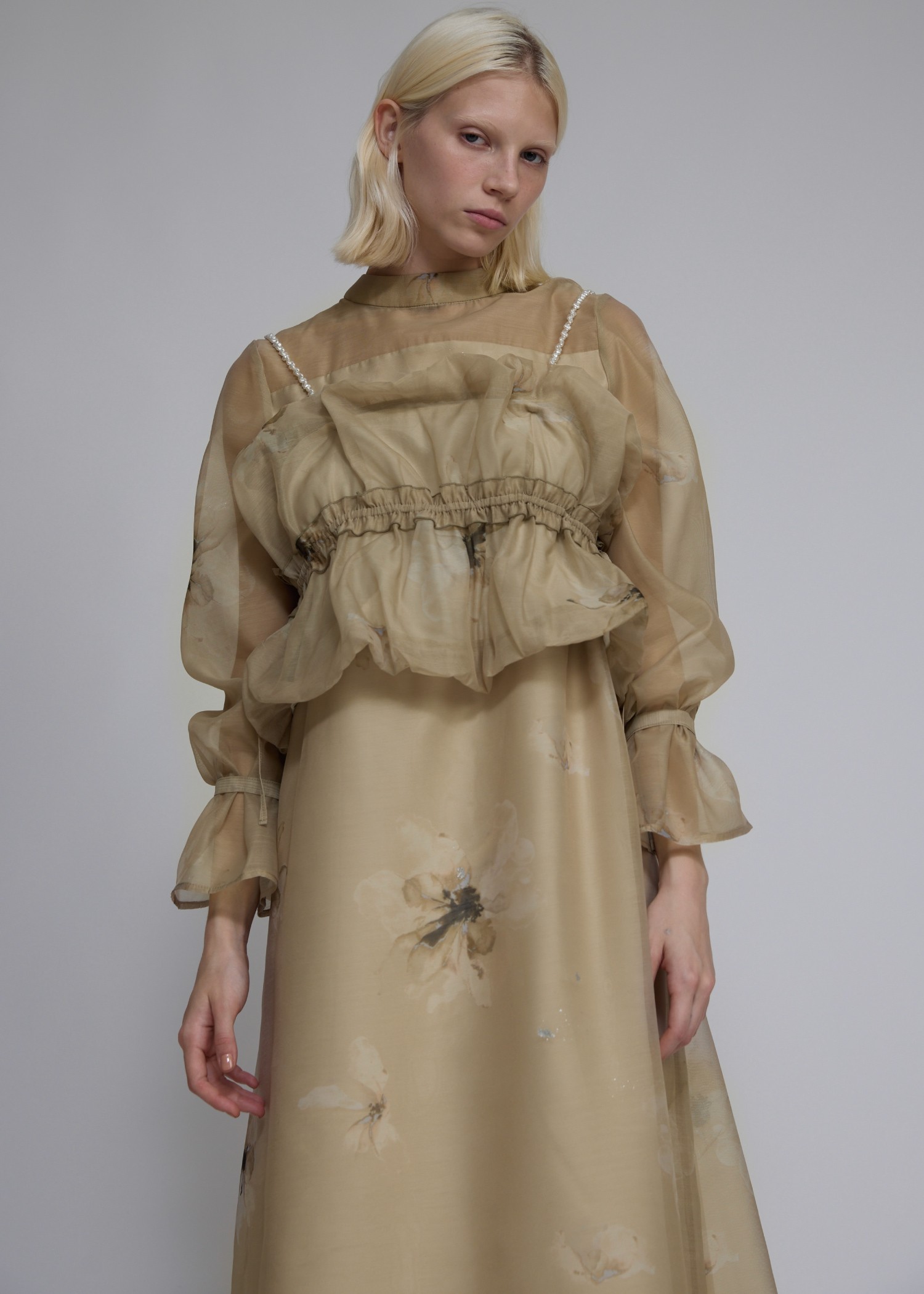 pearl shoulder camisole set original big flower print OP