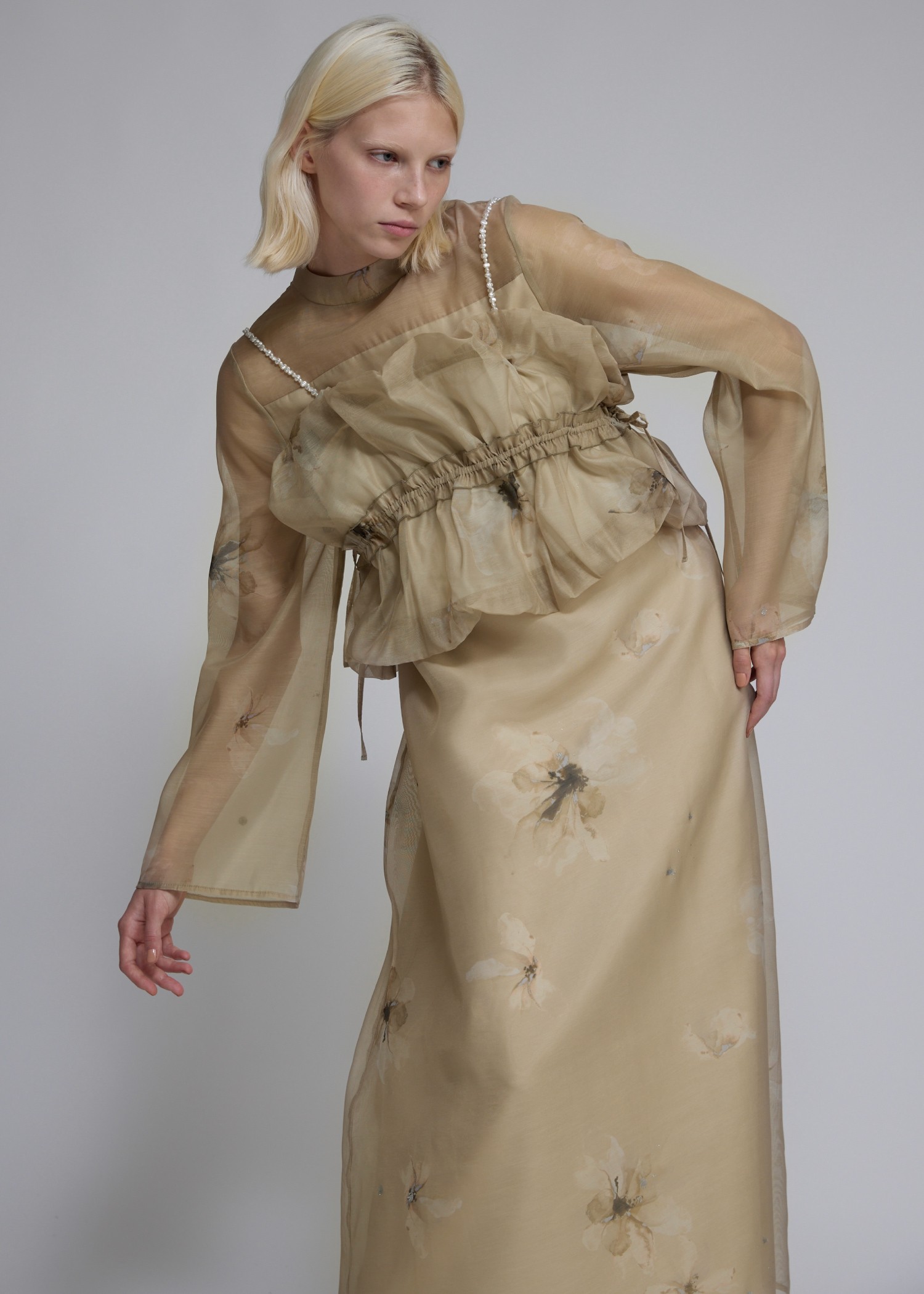 pearl shoulder camisole set original big flower print OP