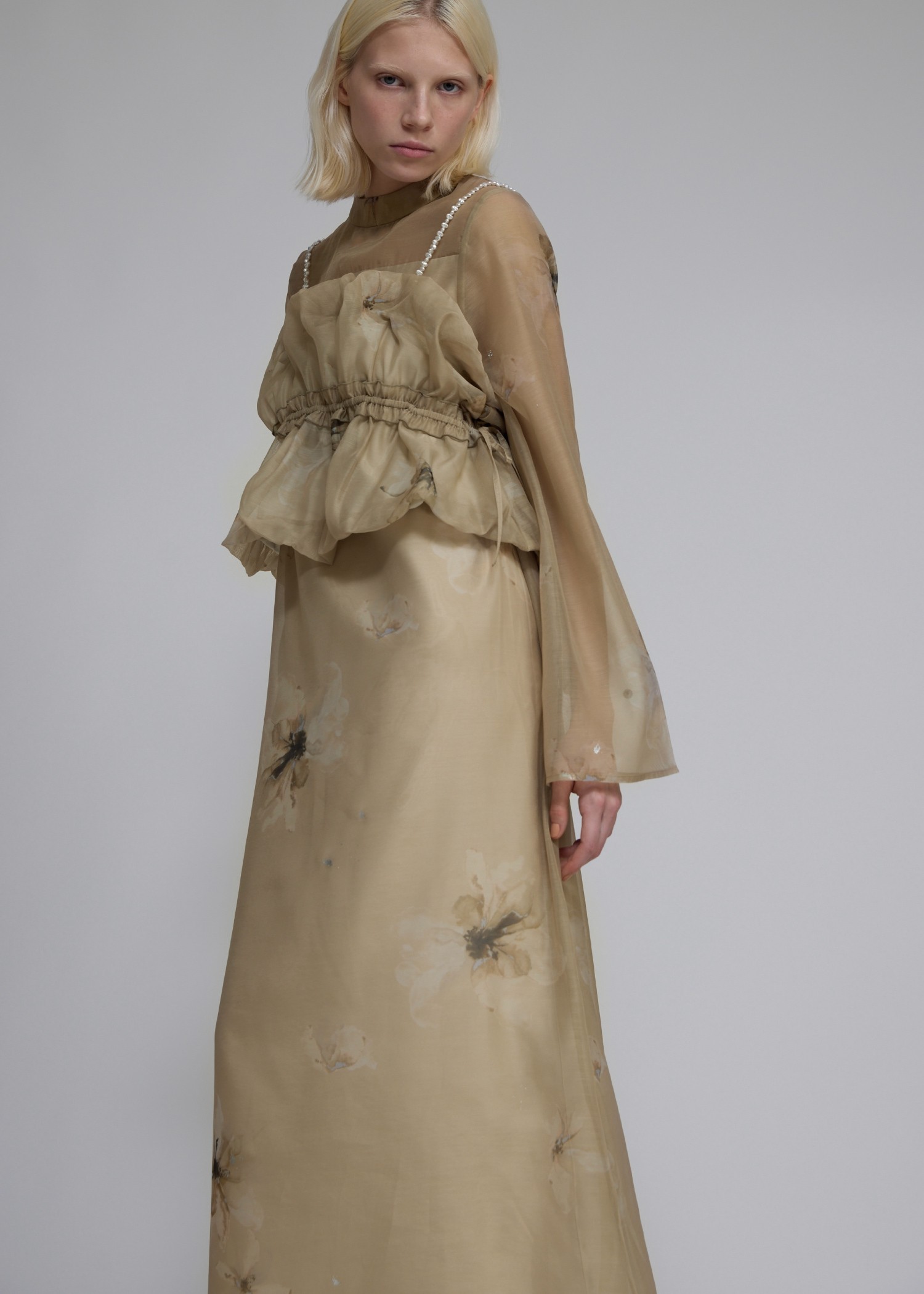 pearl shoulder camisole set original big flower print OP