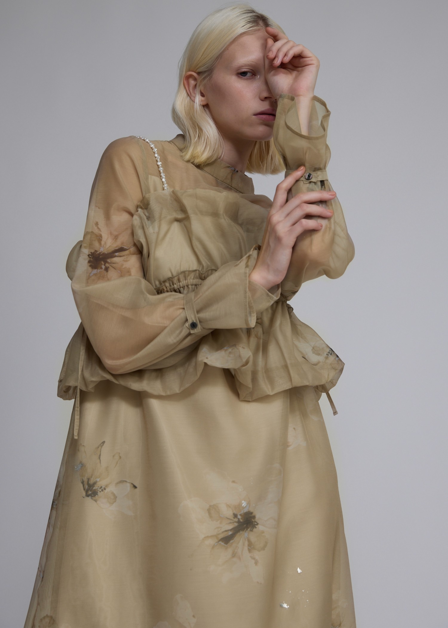 pearl shoulder camisole set original big flower print OP