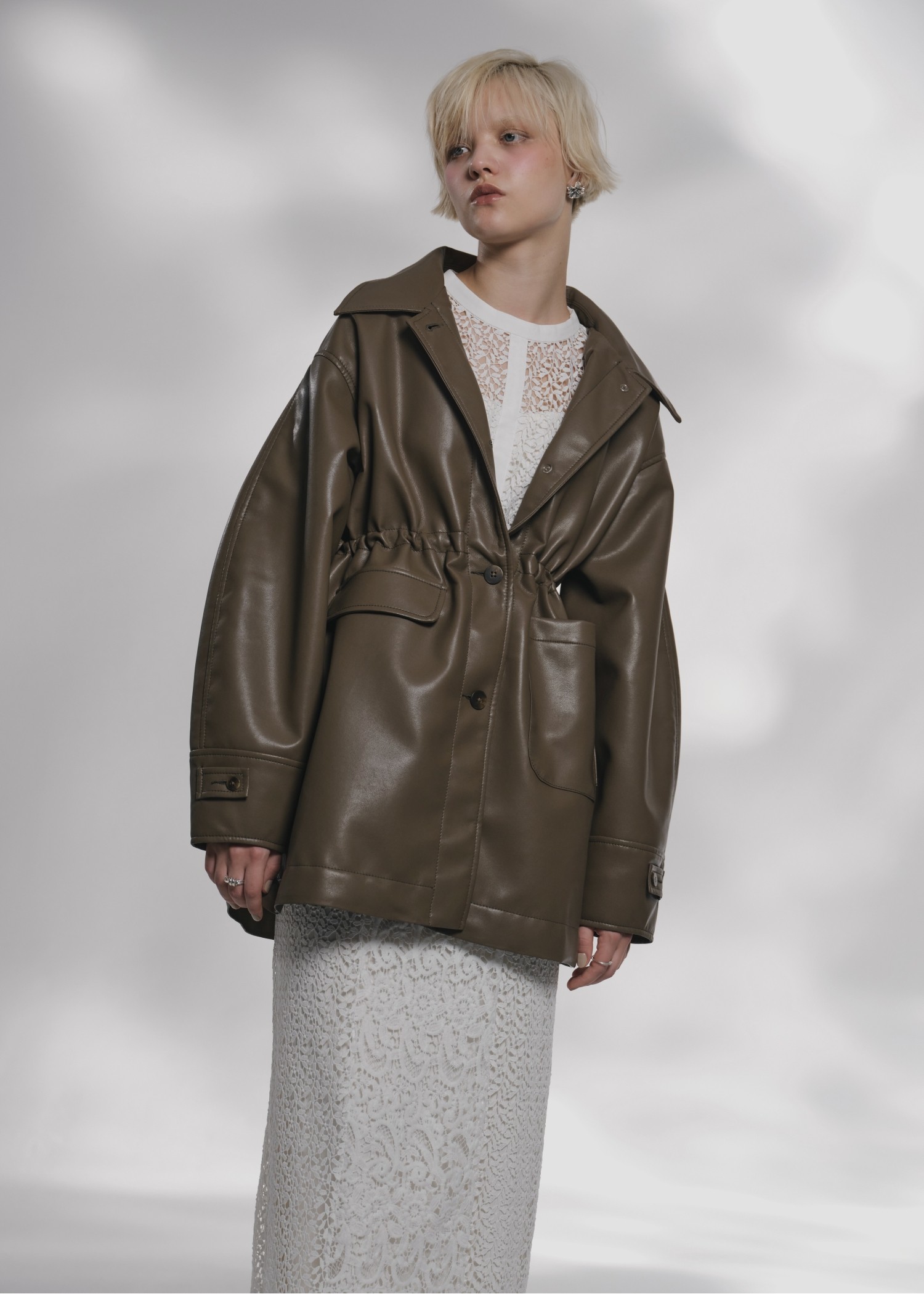 waist gather peplum synthetic leather JK