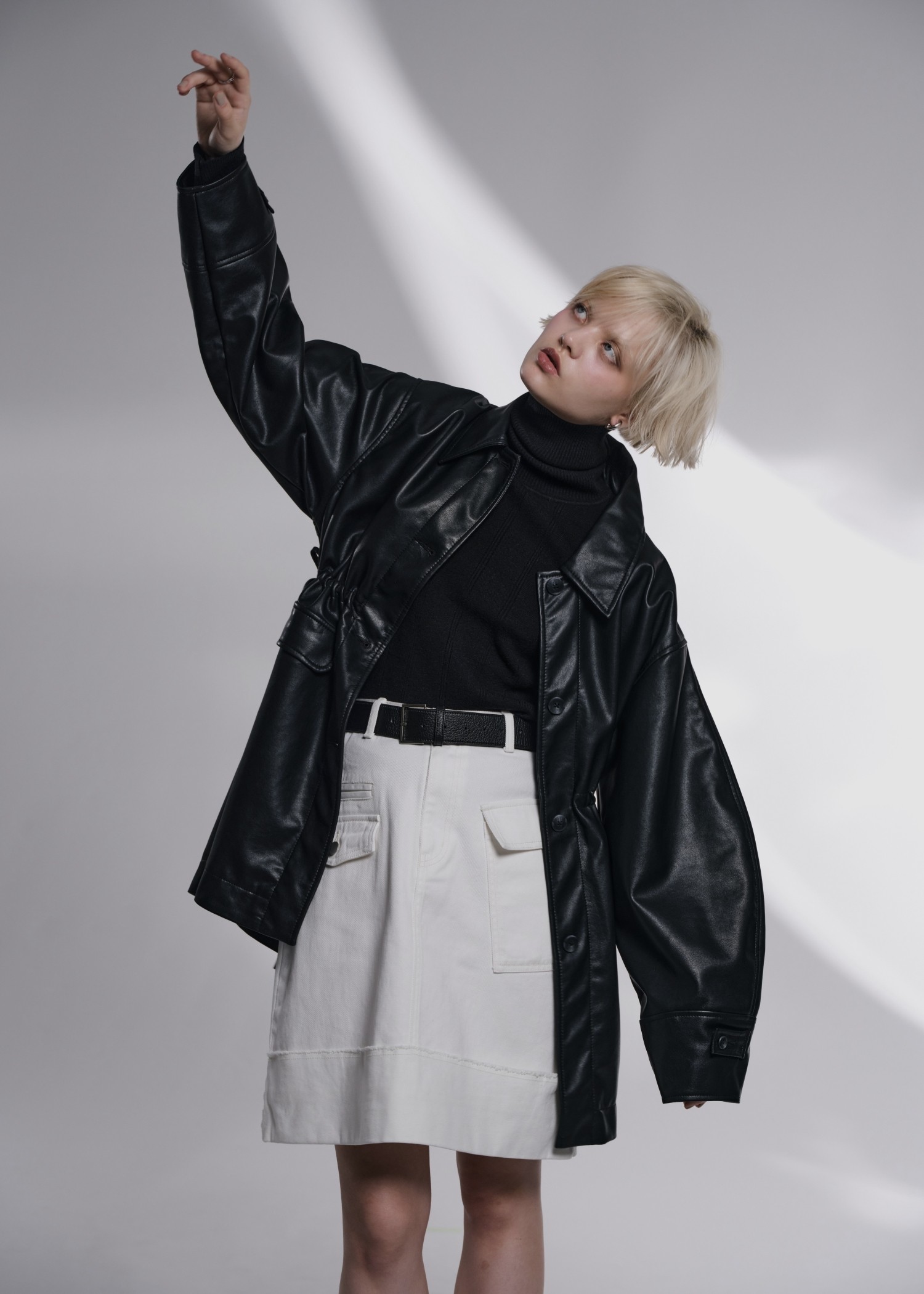 waist gather peplum synthetic leather JK