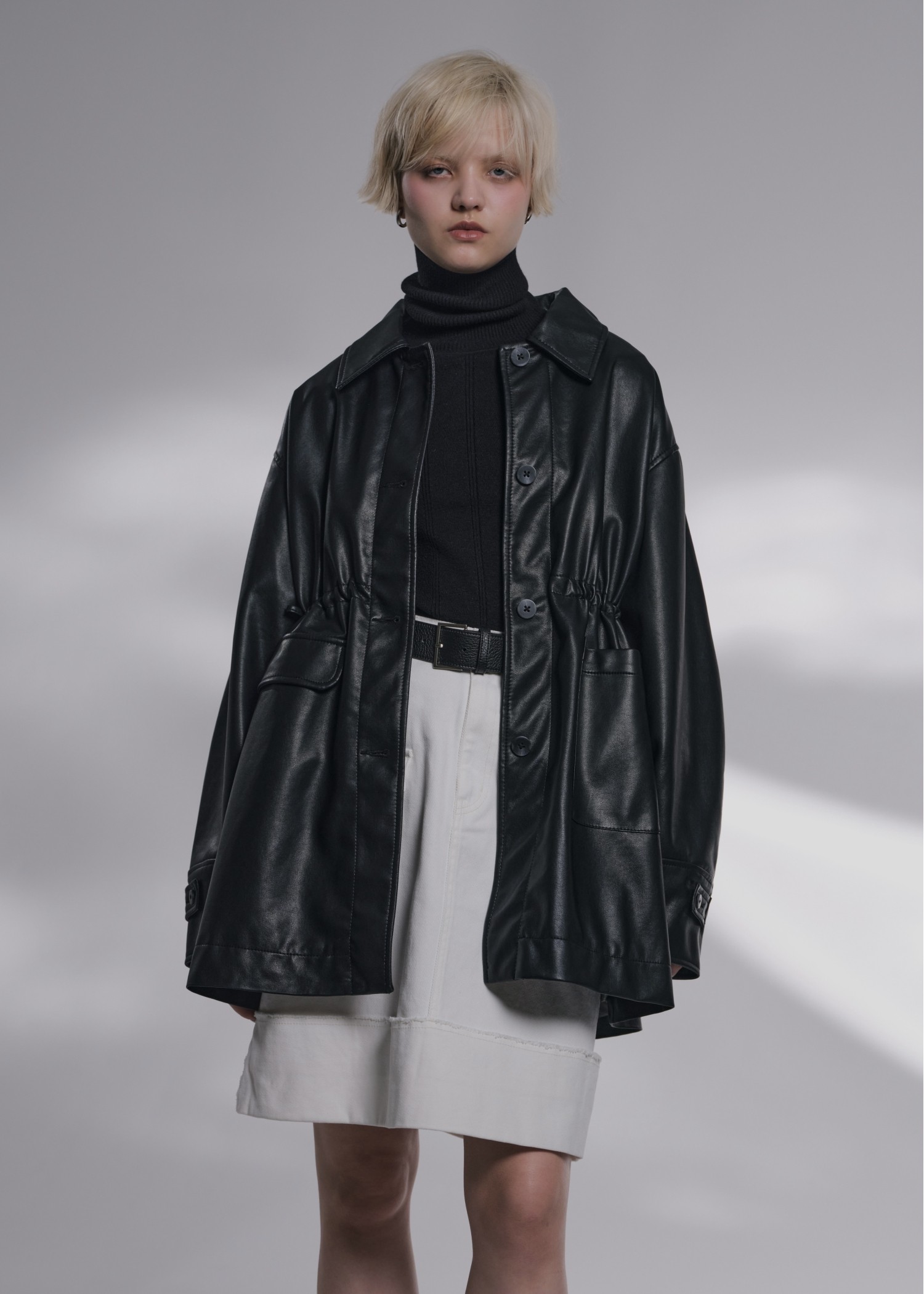 waist gather peplum synthetic leather JK