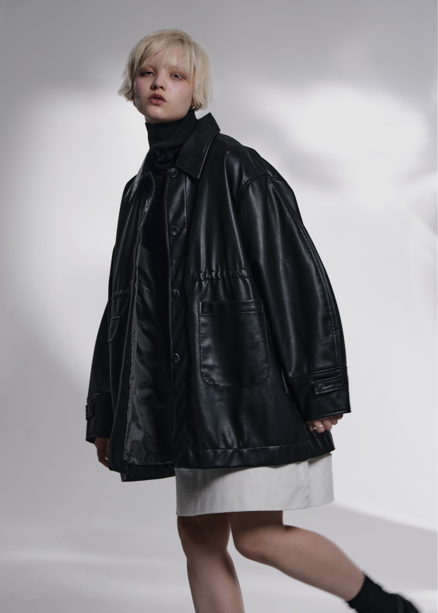 waist gather peplum synthetic leather JK