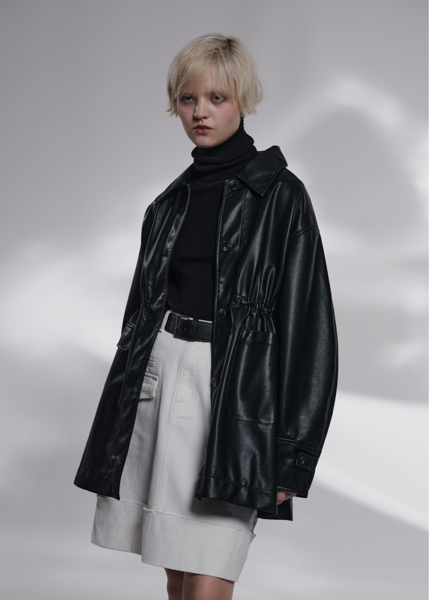 waist gather peplum synthetic leather JK