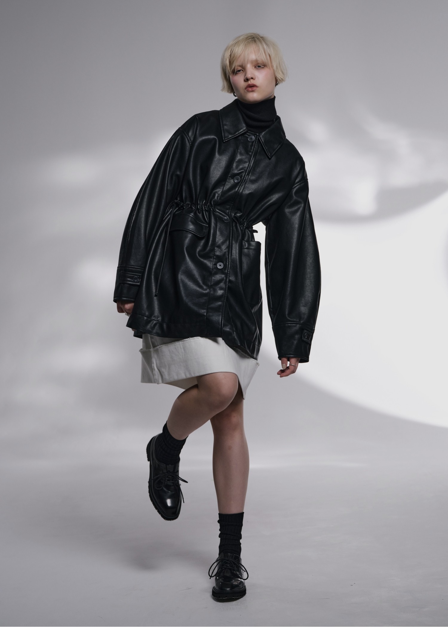 waist gather peplum synthetic leather JK