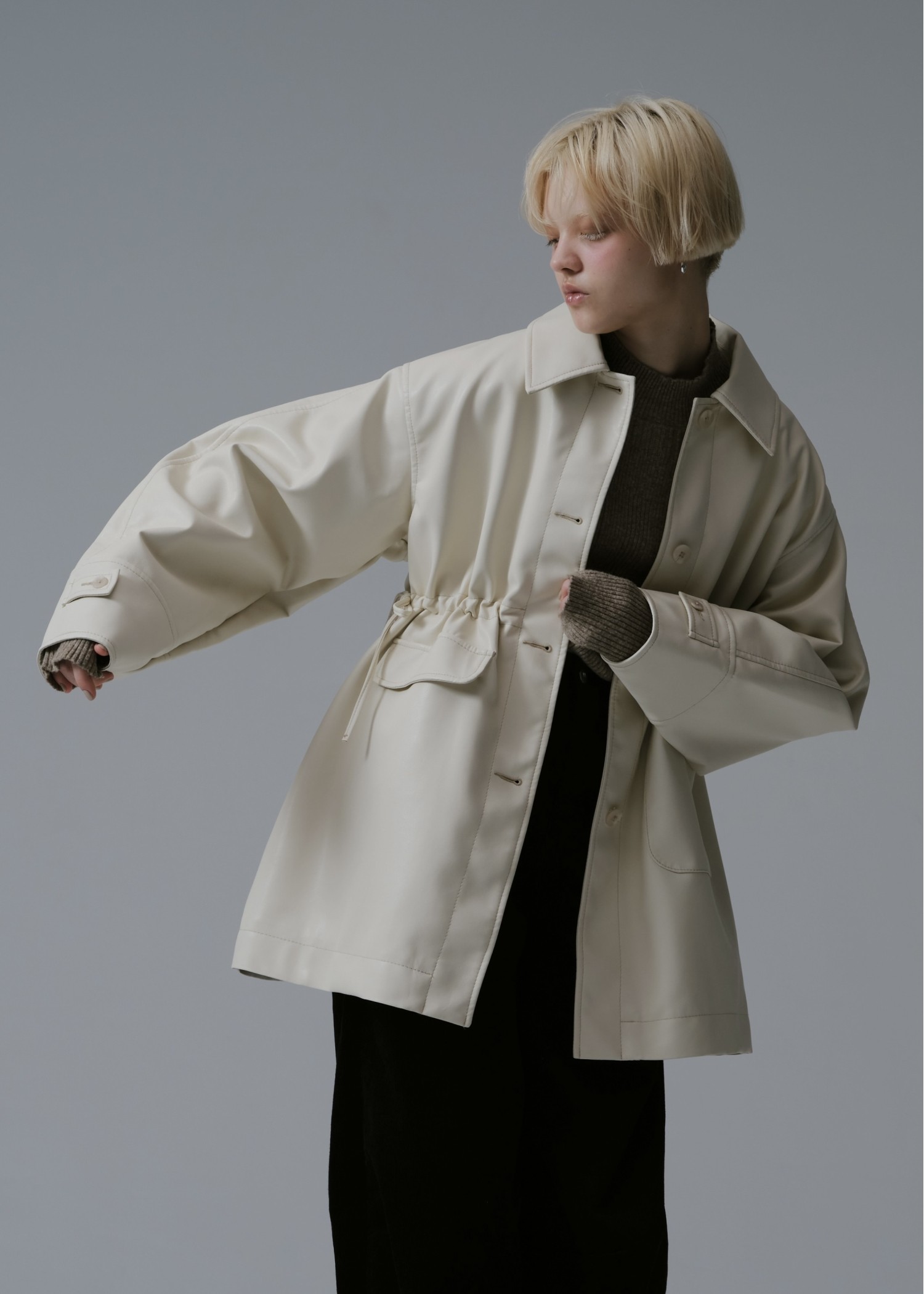 waist gather peplum synthetic leather JK