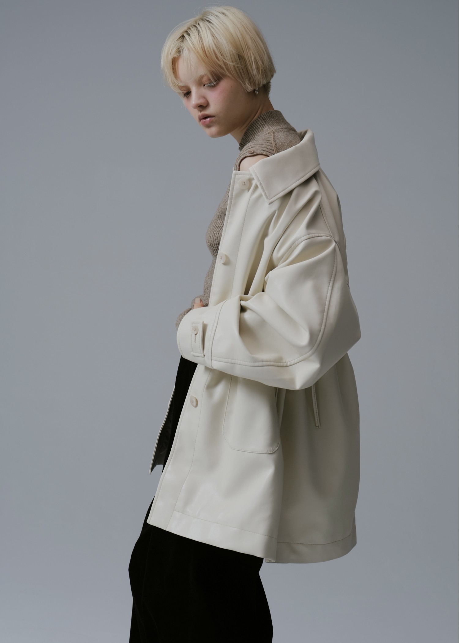 waist gather peplum synthetic leather JK