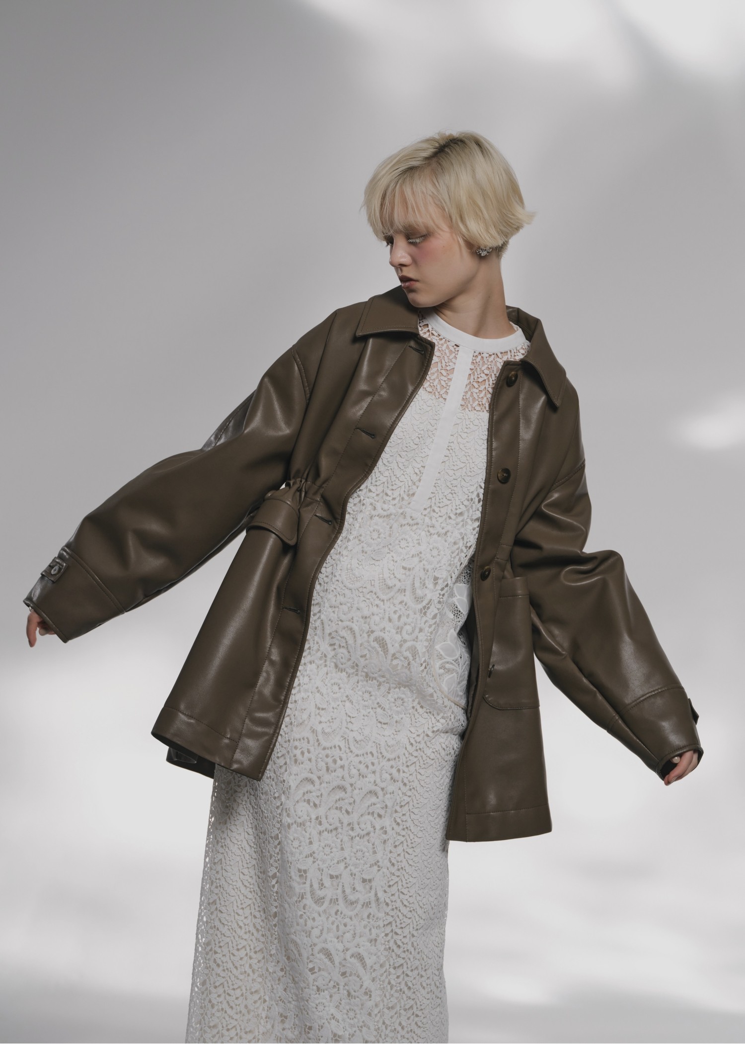 waist gather peplum synthetic leather JK