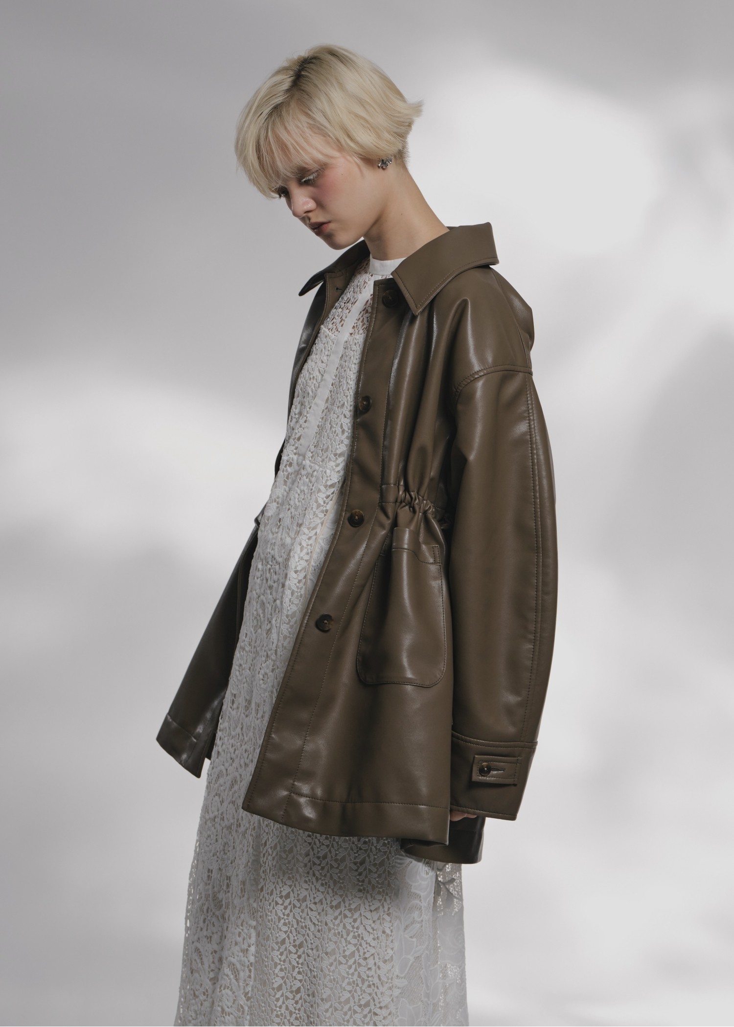 waist gather peplum synthetic leather JK