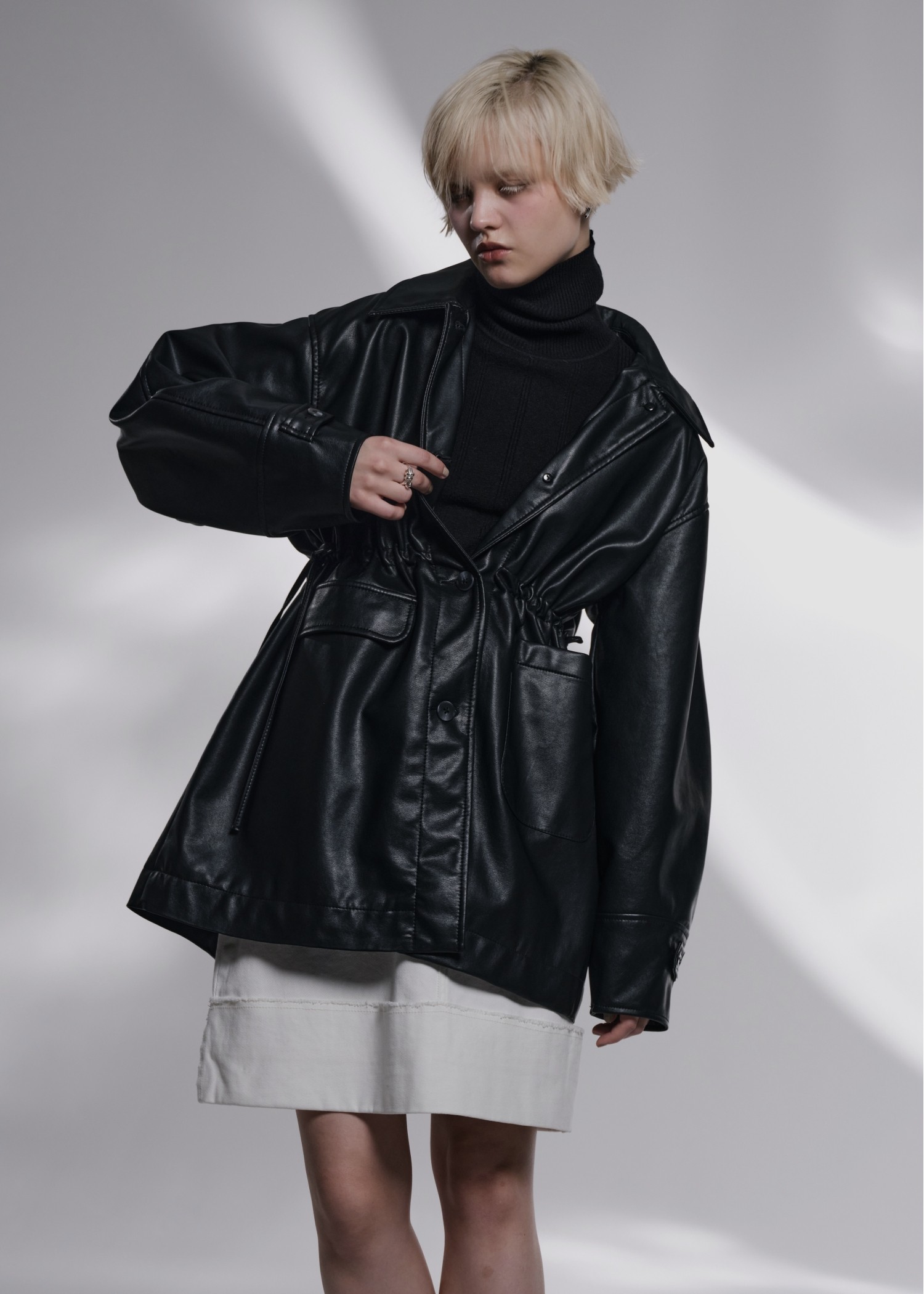 waist gather peplum synthetic leather JK