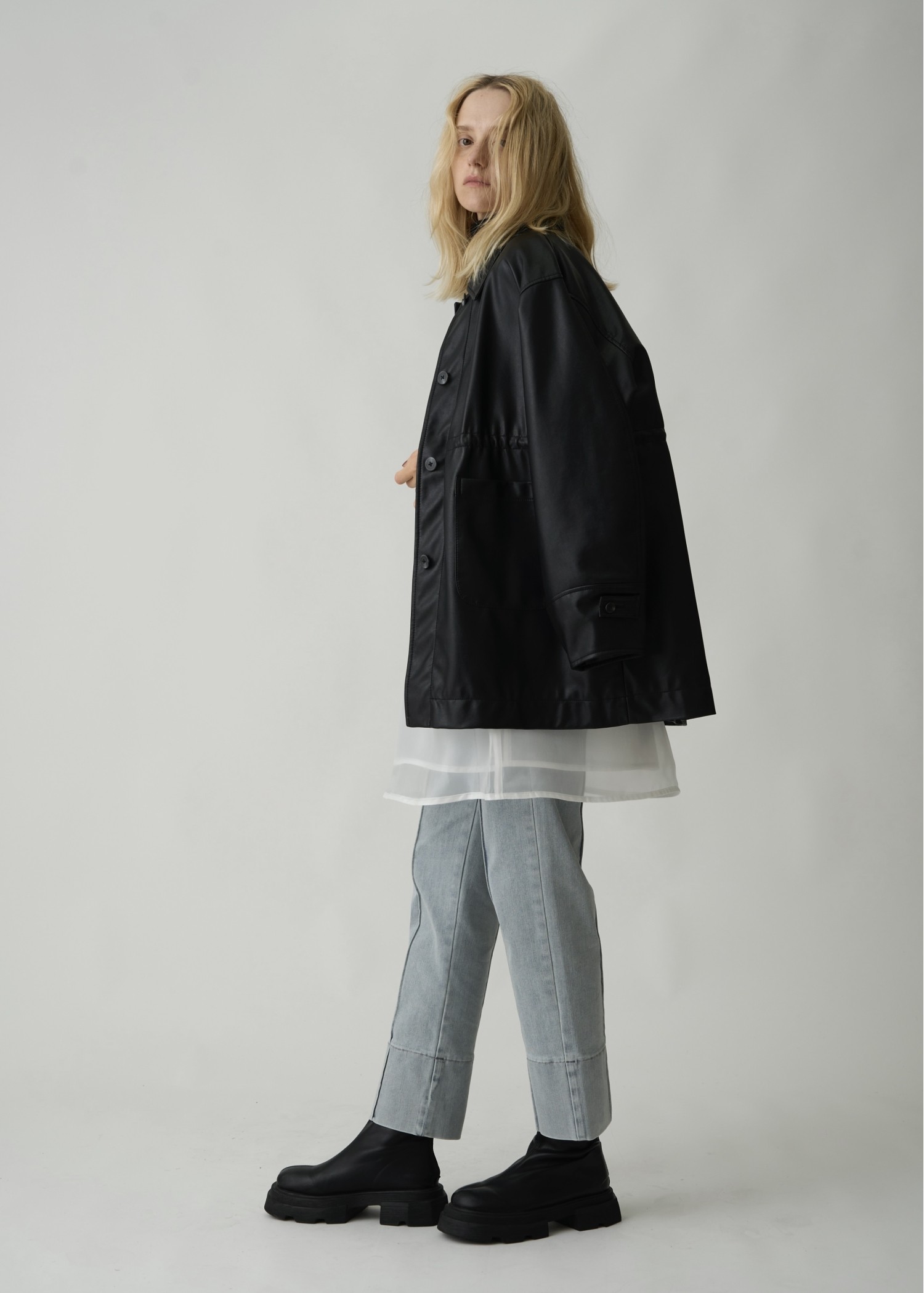 waist gather peplum synthetic leather JK