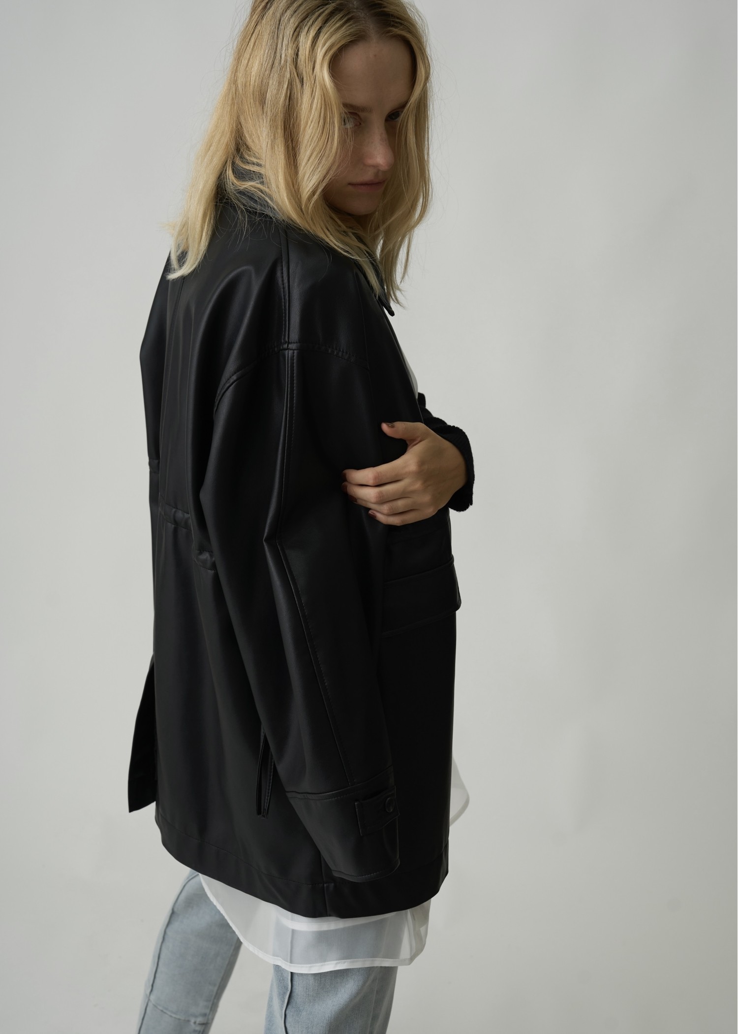 waist gather peplum synthetic leather JK