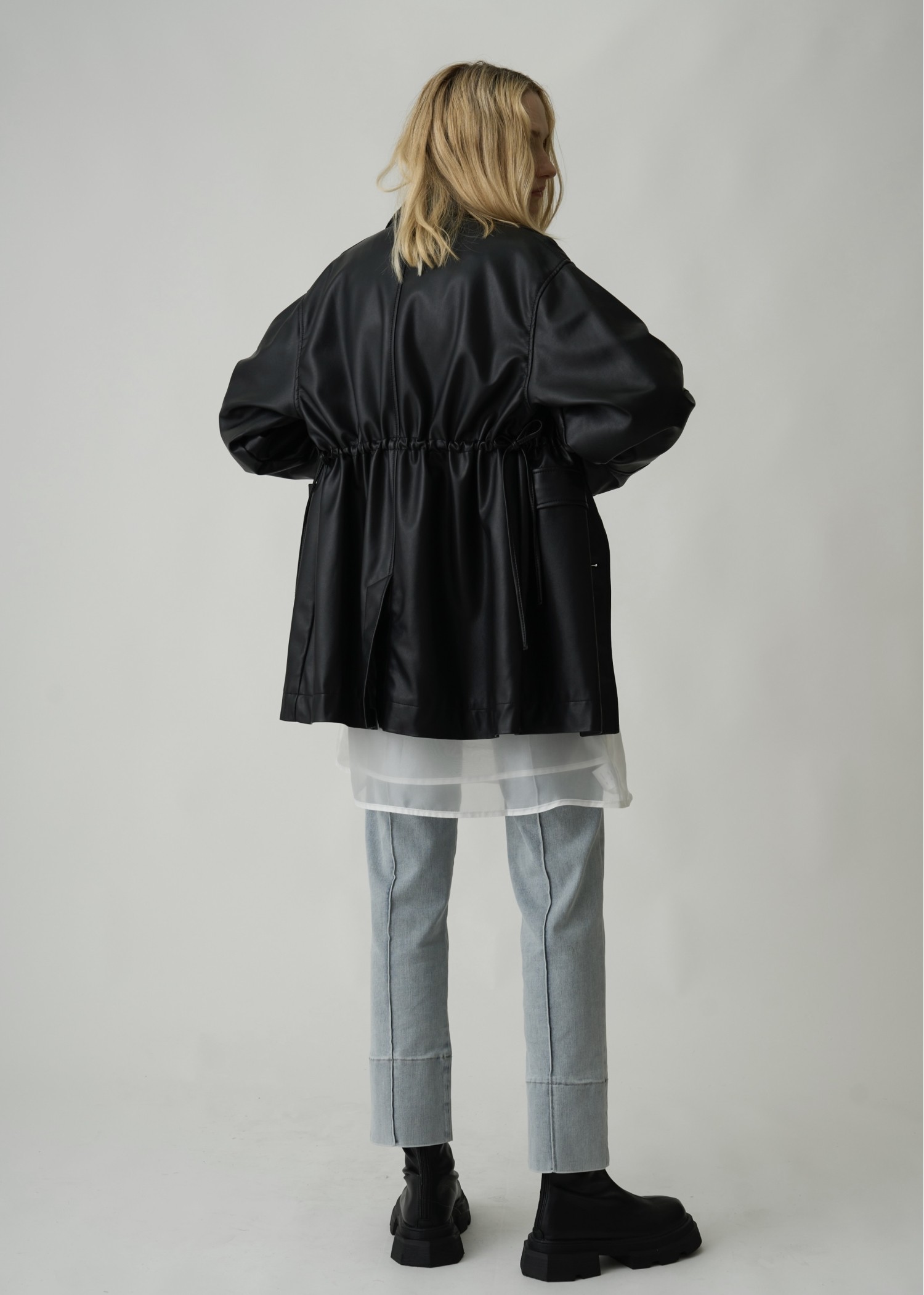 waist gather peplum synthetic leather JK