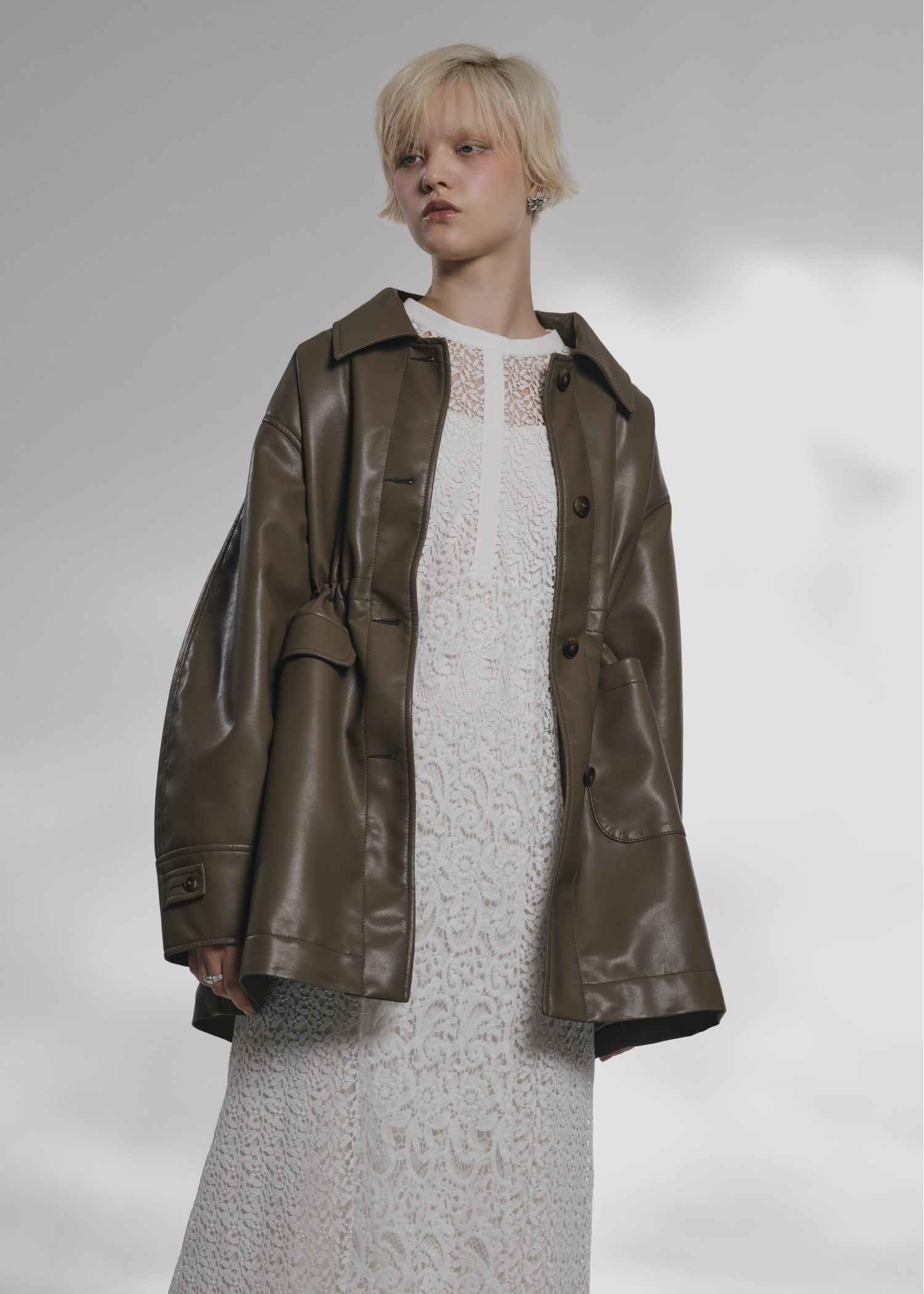 waist gather peplum synthetic leather JK