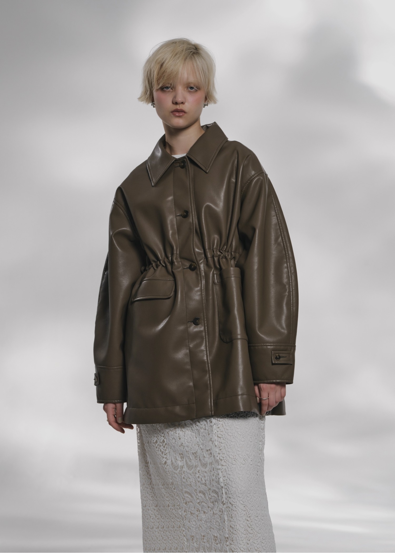 waist gather peplum synthetic leather JK