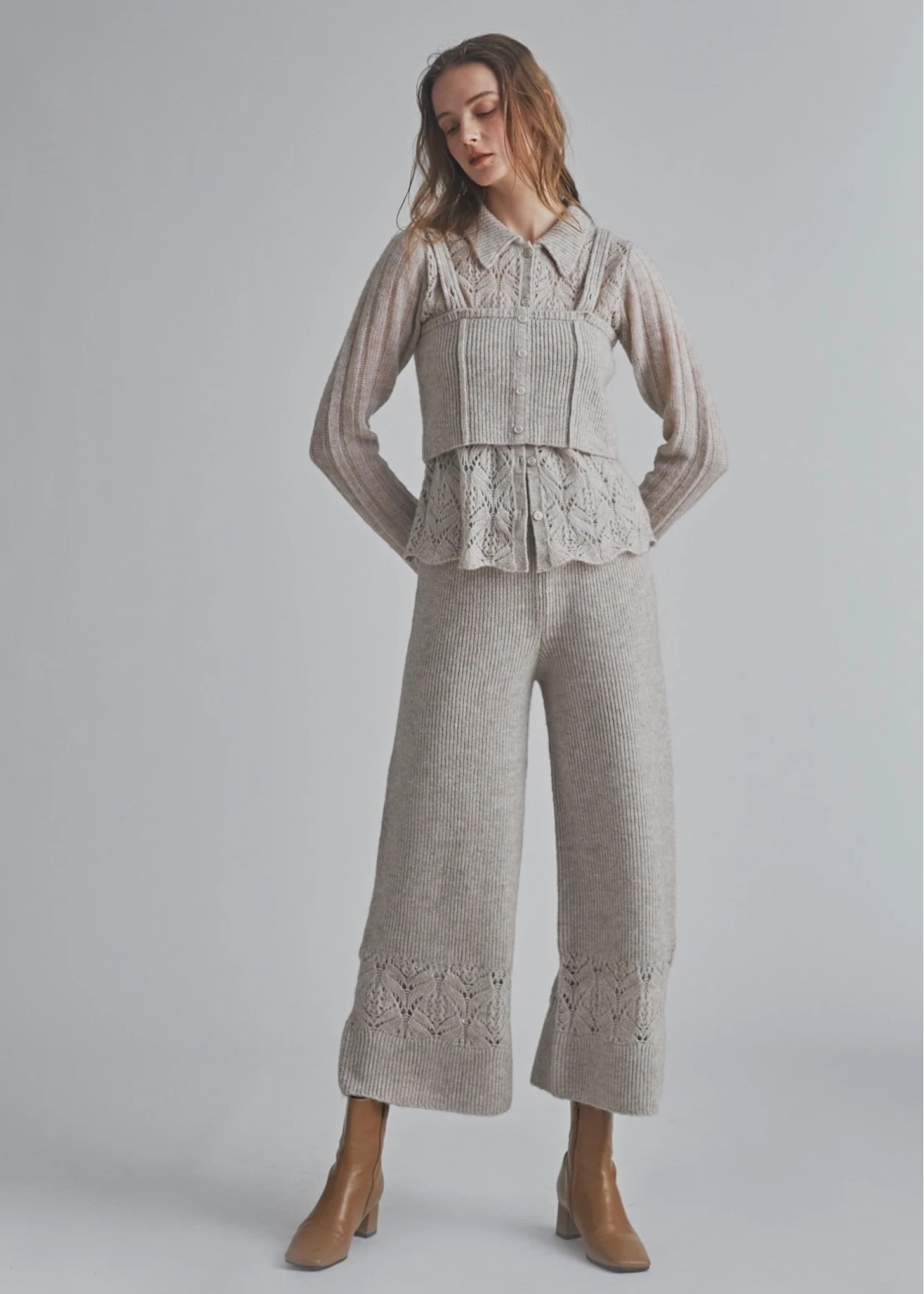 switching hem sheer crochet knit PT