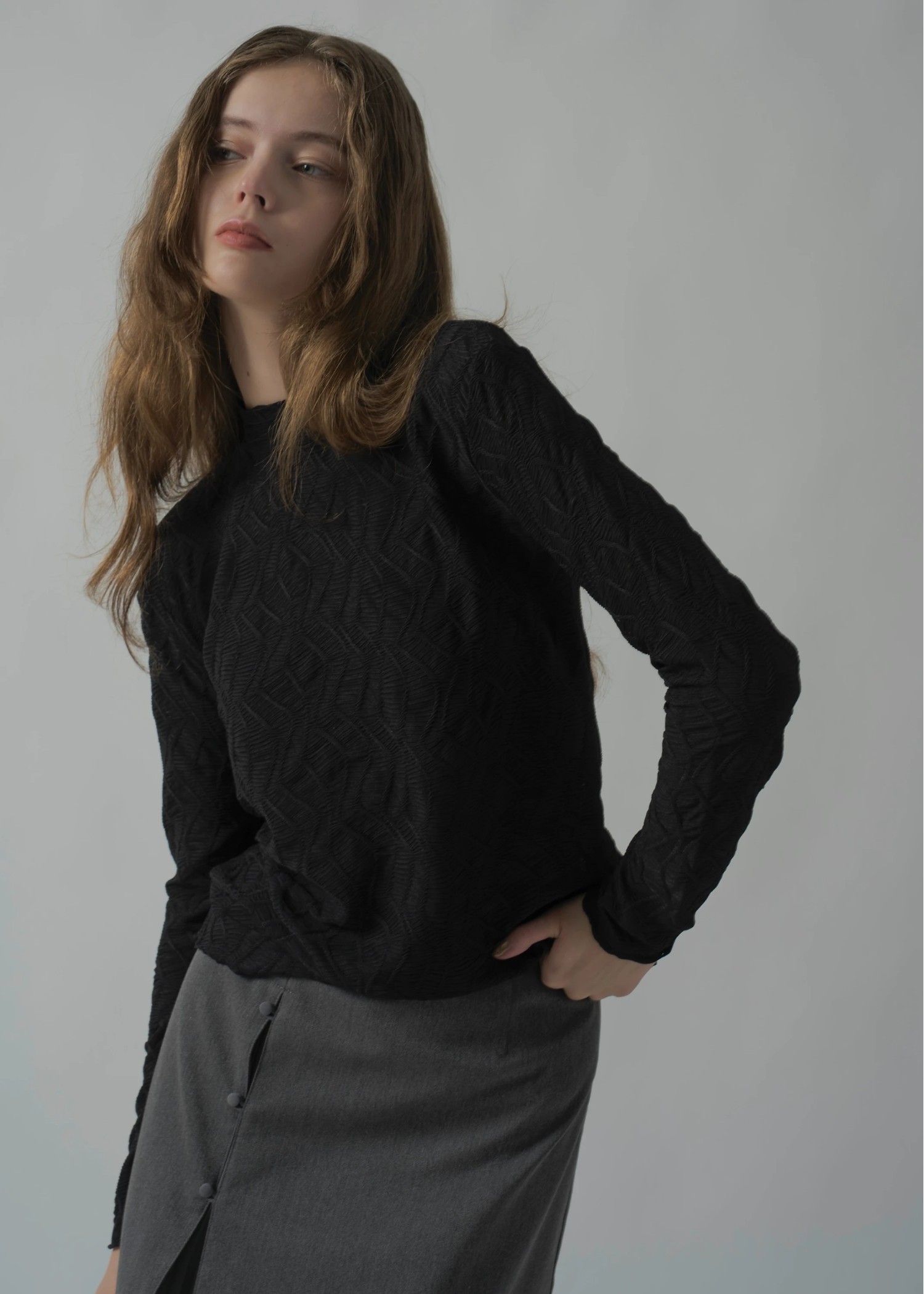 wave jacquard high neck sheer tops