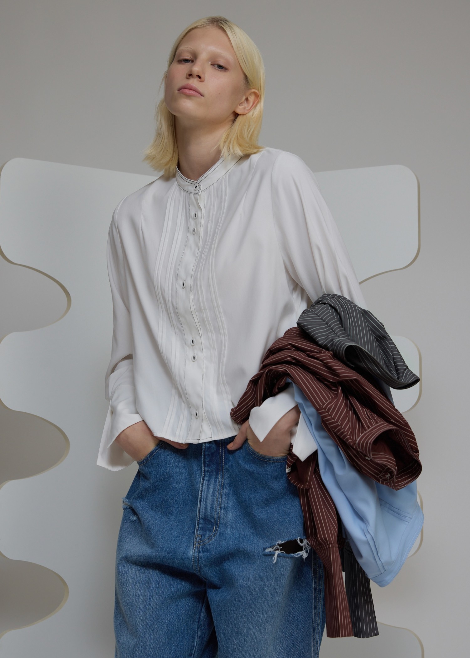 band collar pin tuck short SH