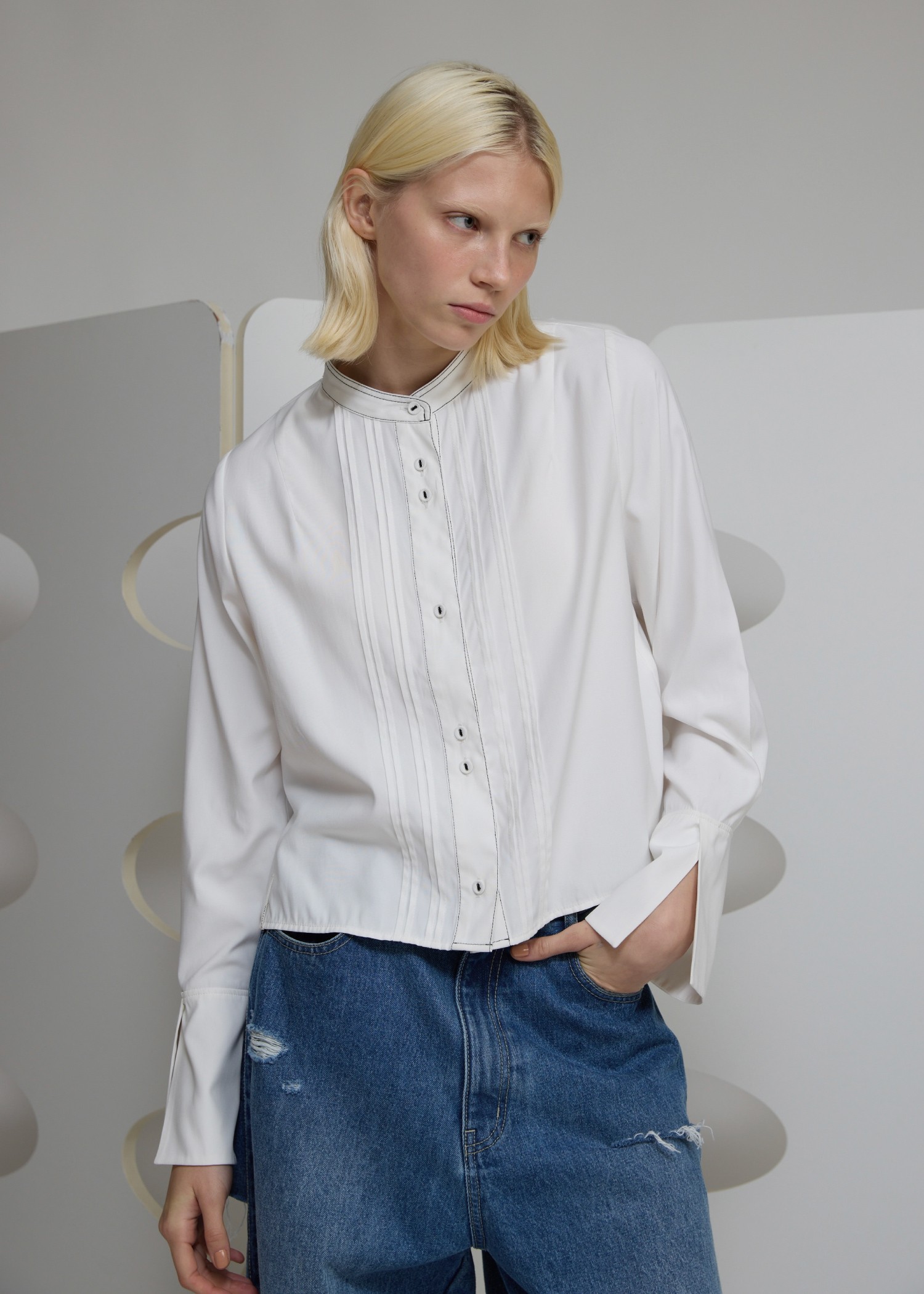 band collar pin tuck short SH