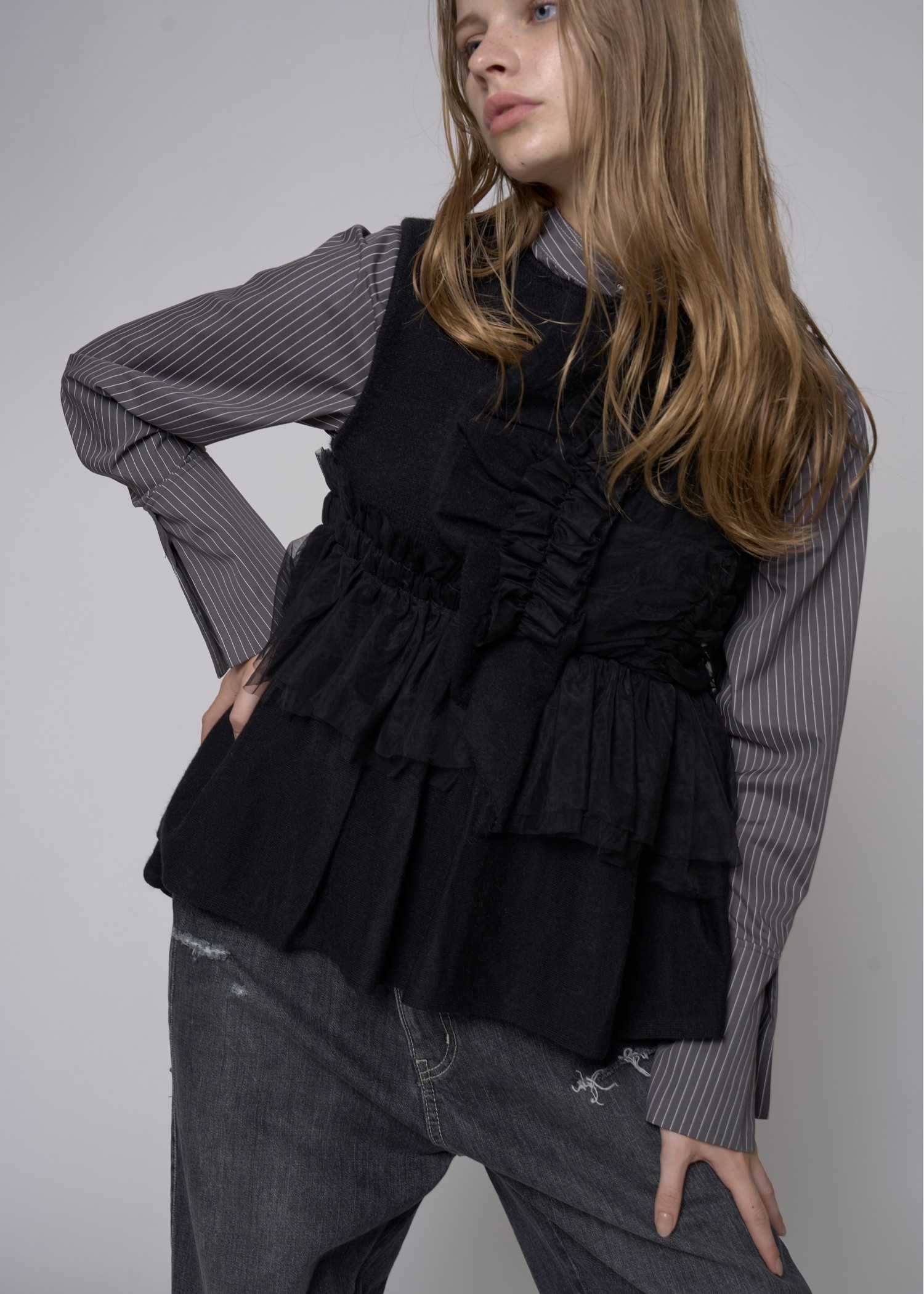 band collar pin tuck short SH